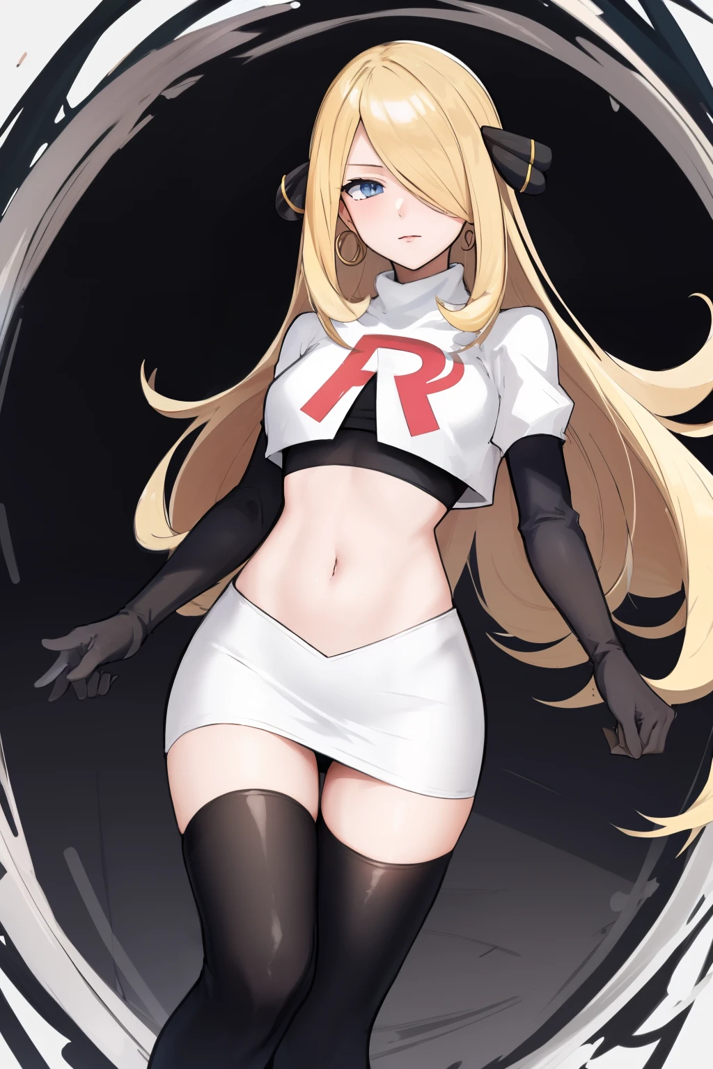 cynthia (pokemon), 1girl, solo ,blonde hair, blue eyes ,hair covering one eye, hair ornament ,earings ,team rocket uniform, red letter R, white skirt,white crop top,black thigh-highs, black elbow gloves, 