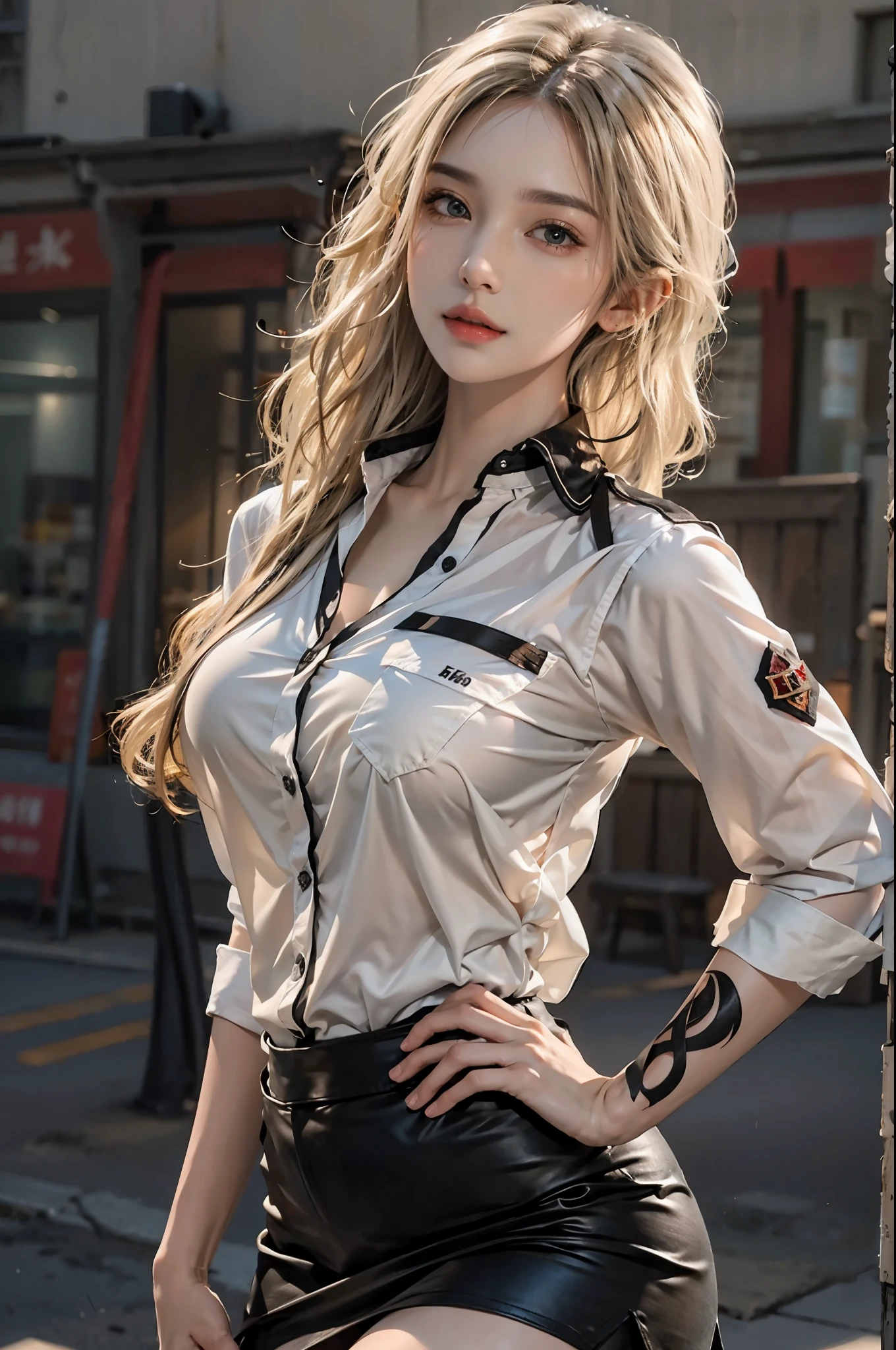 realistic, High resolution, soft light,1 female, alone, hip up, glowing skin, (detailed face),tattoo, jewelry, Secretarial Uniform, white shirt, black skirt, black stockings, garter belt, night, blonde hair, wavy hair, Beautiful Soldier, Eyes that invite the viewer, lover&#39;s perspective, an inviting look, sexy smile, perfect style, perfect balance, fine skin, naughty look, I can see your chest