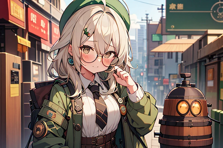 long ahoge,shirt,White hair,Brown eyes,Bottle-bottom glasses,Brown tie,brown skirt,dark green beret,Dark green jacket,girl with,steampunkai,sleepeace,retro city background,#jitome,circle-glasses