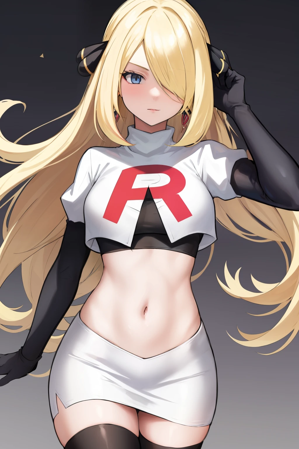 cynthia (pokemon), 1girl, solo ,blonde hair, blue eyes ,hair covering one eye, hair ornament ,earings ,team rocket uniform, red letter R, white skirt,white crop top,black thigh-highs, black elbow gloves, 