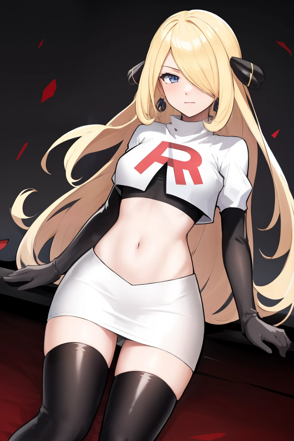 cynthia (pokemon), 1girl, solo ,blonde hair, blue eyes ,hair covering one eye, hair ornament ,earings ,team rocket uniform, red letter R, white skirt,white crop top,black thigh-highs, black elbow gloves, 