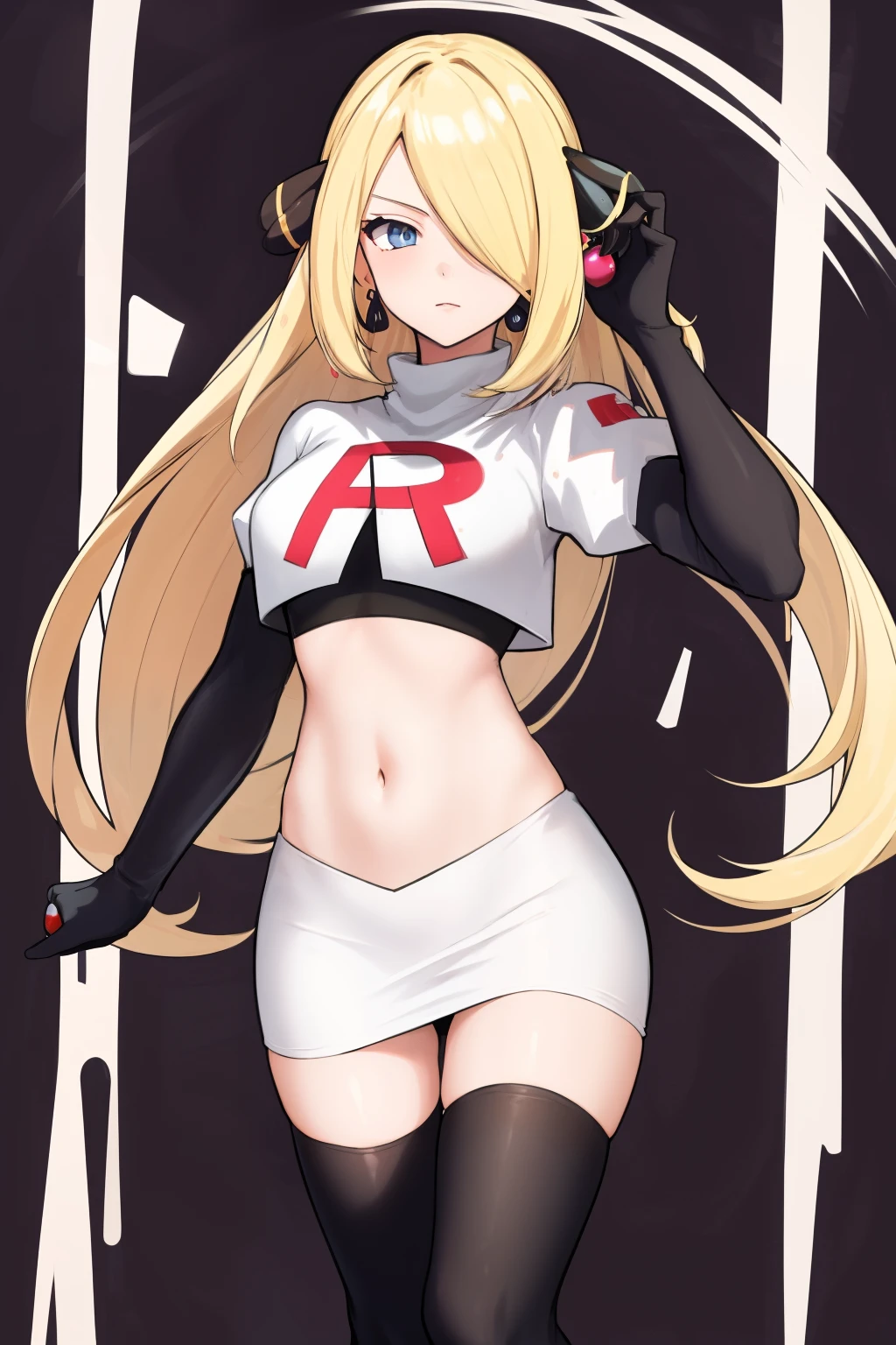 cynthia (pokemon), 1girl, solo ,blonde hair, blue eyes ,hair covering one eye, hair ornament ,earings ,team rocket uniform, red letter R, white skirt,white crop top,black thigh-highs, black elbow gloves, 