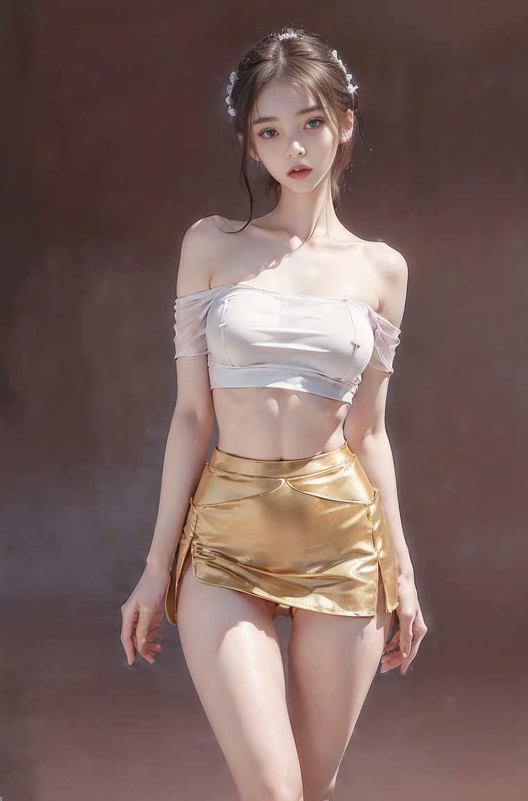 (masterpiece, best quality), pale skin, (baby face), Island beach background, (Purely off-the-shoulder, Short transparent top, high waist skirt, tight mini skirt:1.3), (Skinny Thighs:1.9, Yao Liu, lose weight, long legs, thin legs:1.9), blonde hair, (huge , lift your hips, straight legs), Show belly button, (Wide thigh clearance:1.6, wide gap between thighs:1.6), whole body forward, Nipple protrusion, pink breast bulge, Camel toe bump, (Facing age Barbara Palvin)