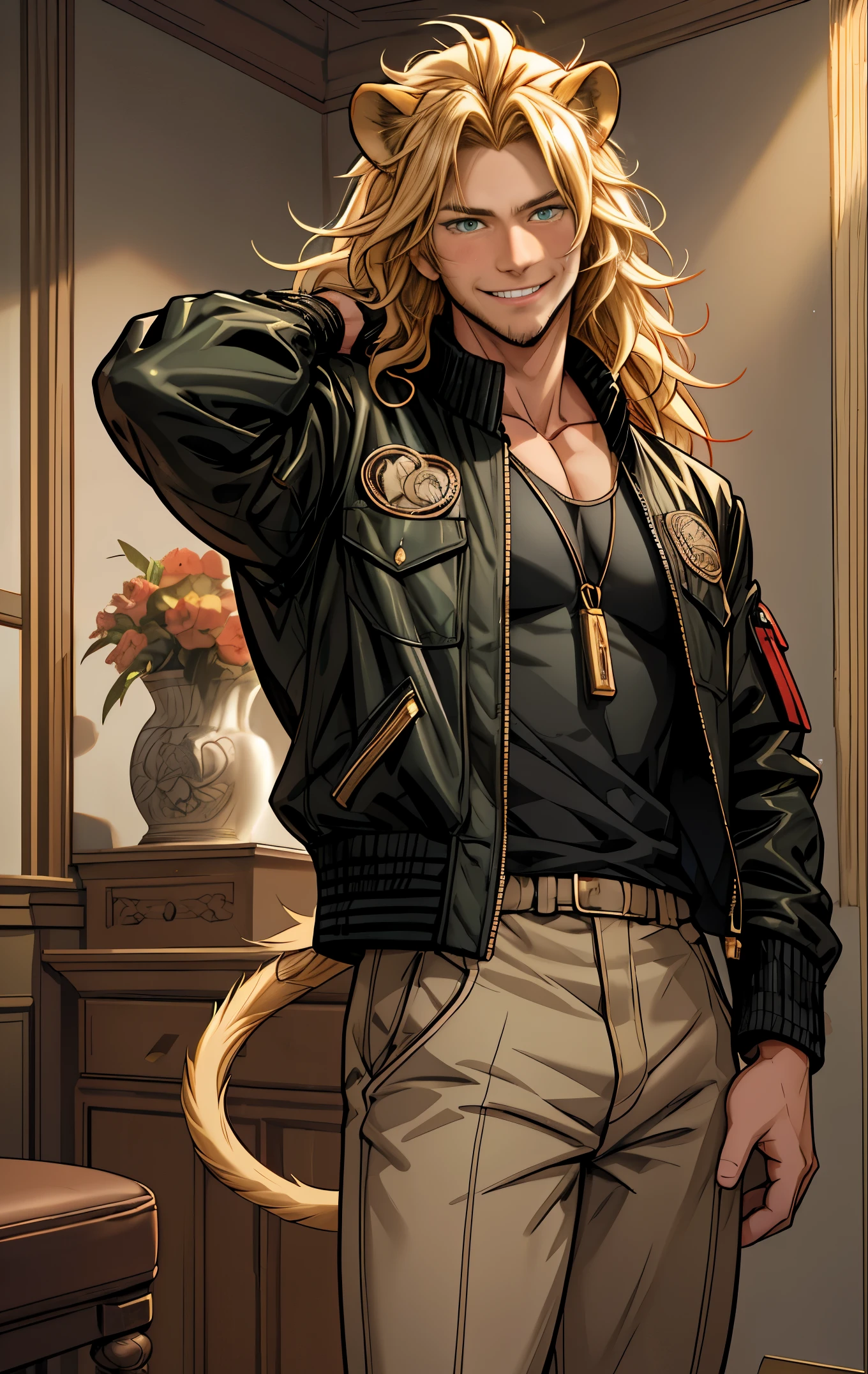 One male, lion ears, long hair, blond, blond hair, green eyes, tall, muscular, black bomber jacket, highest quality, masterpiece, 2d, anime, highest detail, feline eyes, stubble, lion tail, wavy hair, cowboy shot, intricate details, room interior, solo, smile, blushing