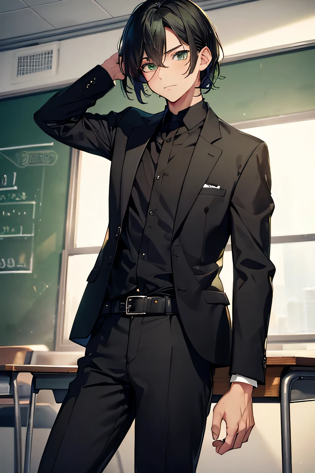 (High resolution, realistic, 4K, super detailed, masterpiece:1.2),1 boy, green eyes, black hair,((bob hair)), cowboy shot (no hat:1.3), teacher,suit,black jacket