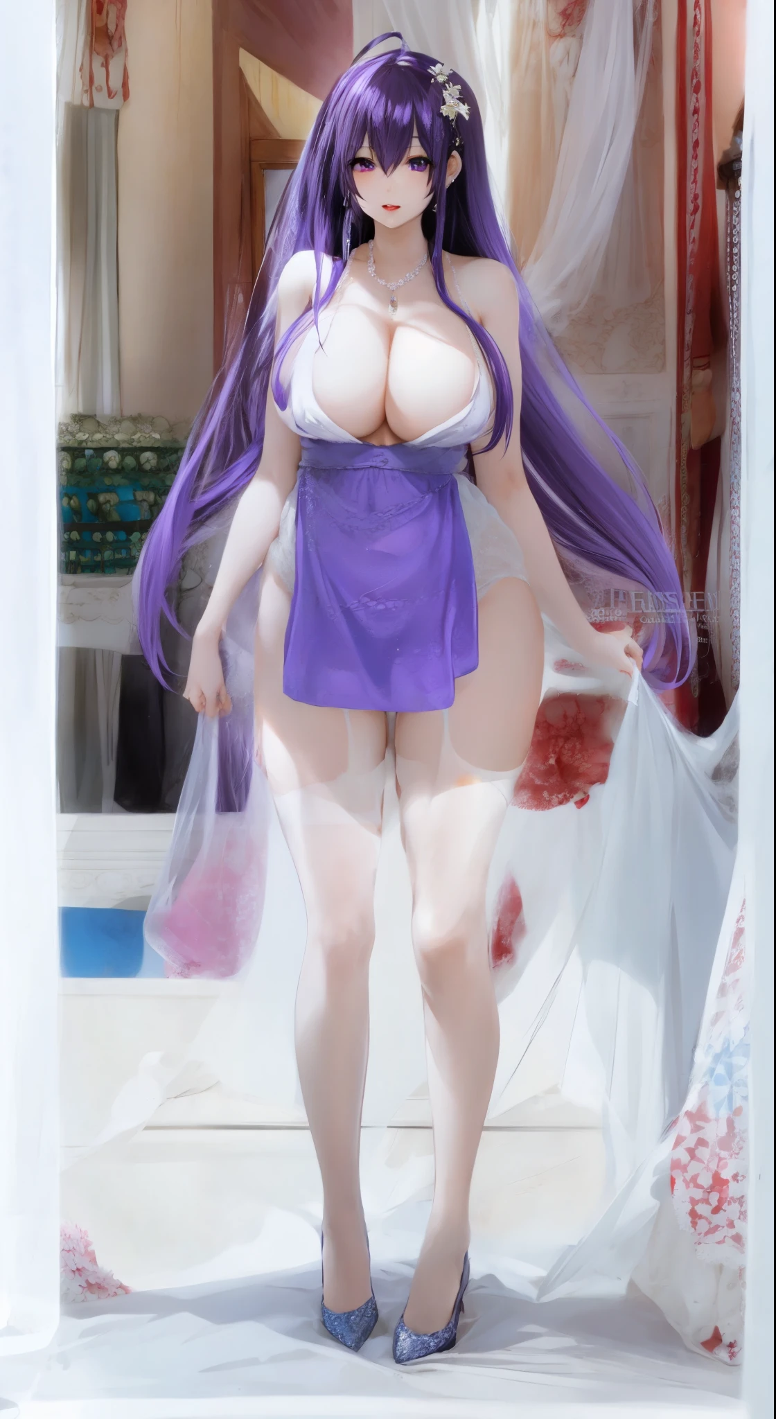 Gorgeous purple hair,age wife,Big breasts,Real-time 2D images