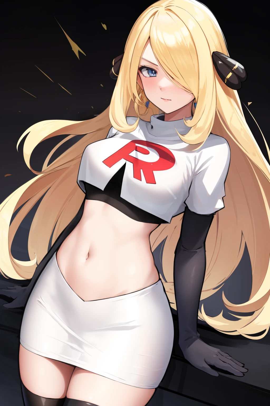 cynthia (pokemon), 1girl, solo ,blonde hair, blue eyes ,hair covering one eye, hair ornament ,earings ,team rocket uniform, red letter R, white skirt,white crop top,black thigh-highs, black elbow gloves, 