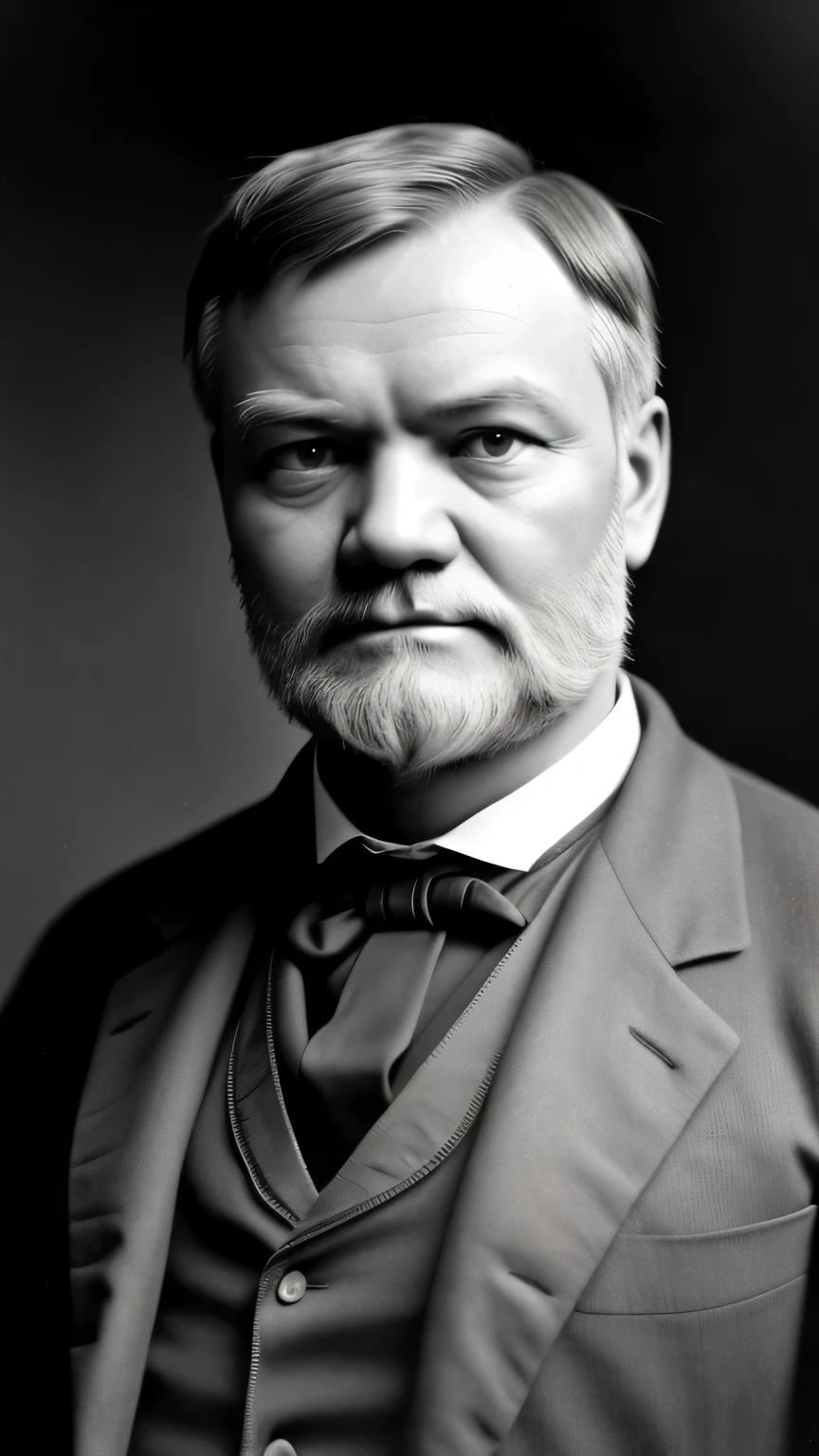((masterpiece)),((highest quality)),((high detail)), andrew carnegie (1835 ～ In 1919),black and white portrait,The background is dark gray