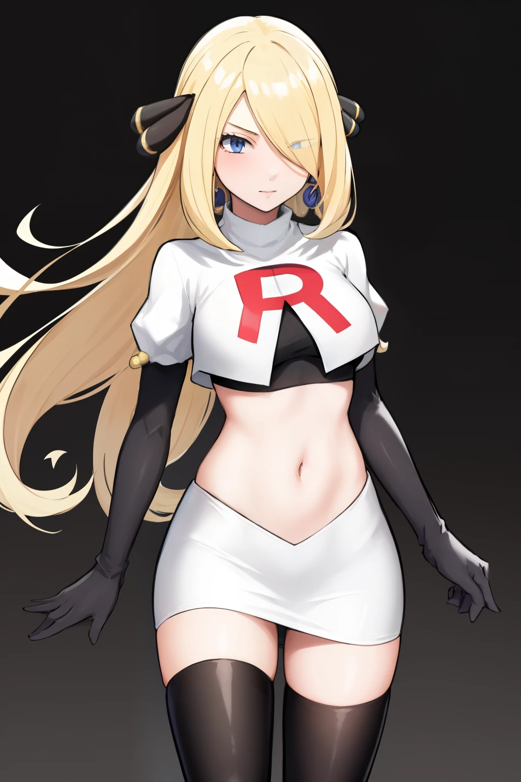 cynthia (pokemon), 1girl, solo ,blonde hair, blue eyes ,hair covering one eye, hair ornament ,earings ,team rocket uniform, red letter R, white skirt,white crop top,black thigh-highs, black elbow gloves, 