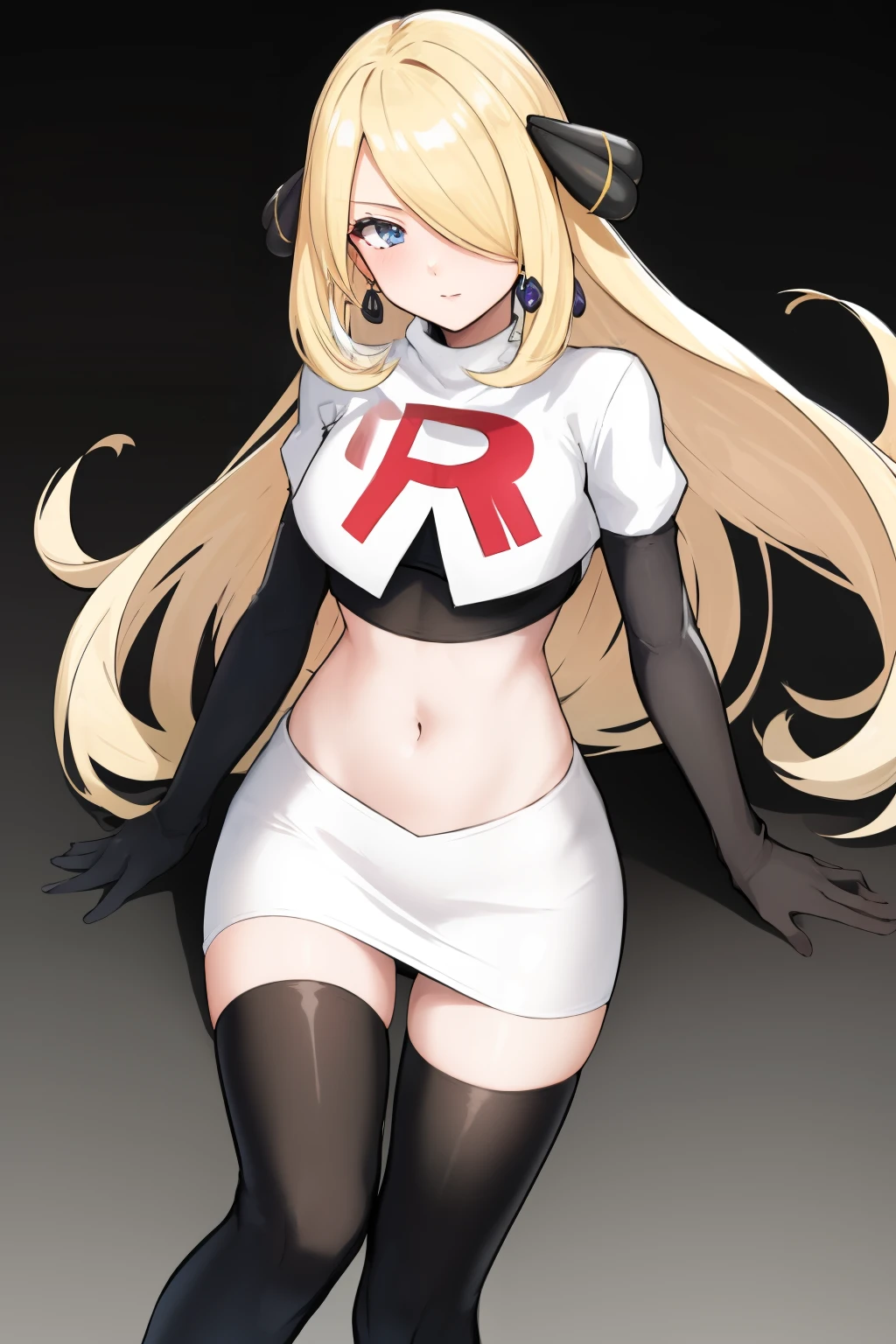 cynthia (pokemon), 1girl, solo ,blonde hair, blue eyes ,hair covering one eye, hair ornament ,earings ,team rocket uniform, red letter R, white skirt,white crop top,black thigh-highs, black elbow gloves, 