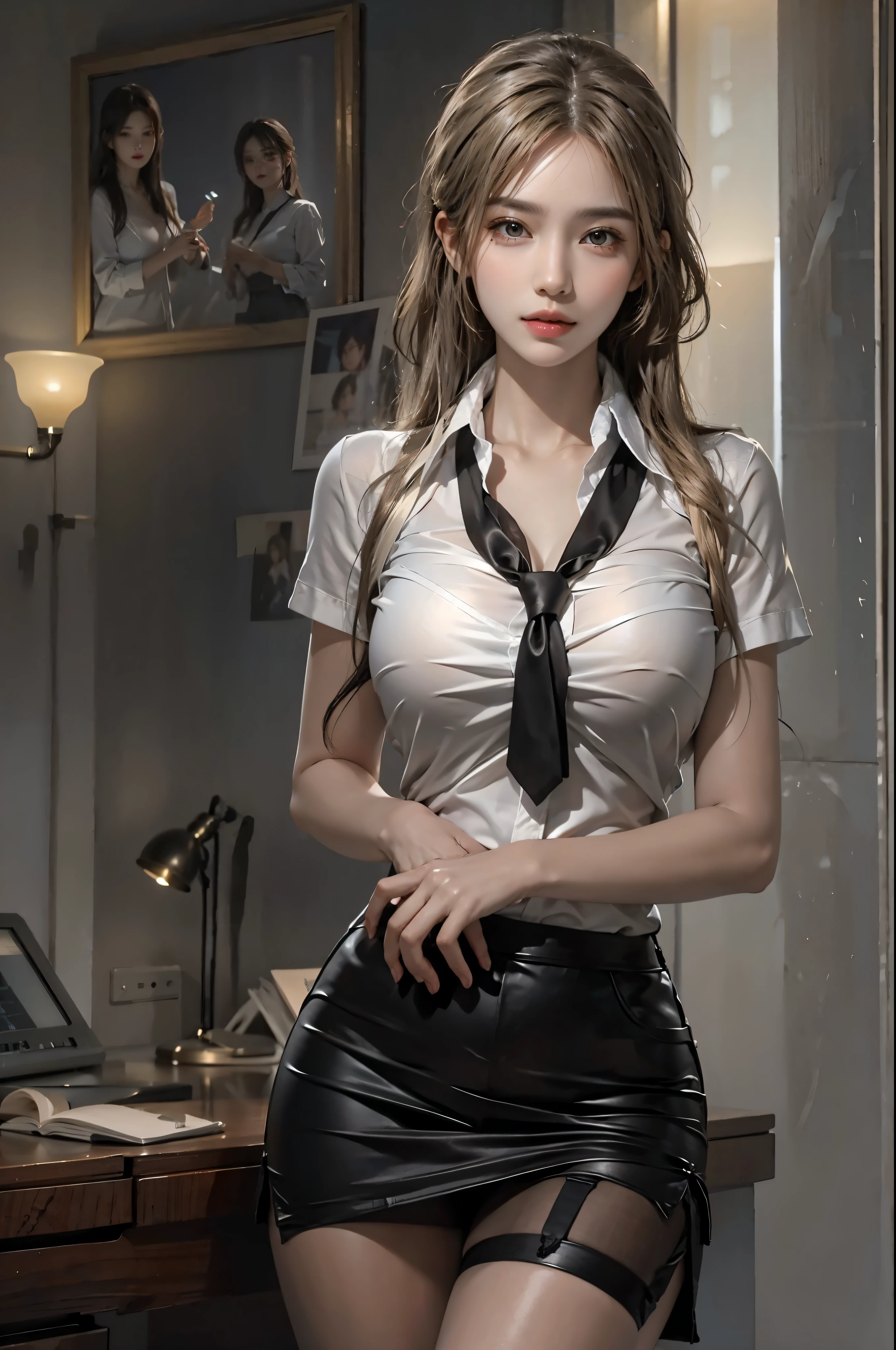 realistic, High resolution, soft light,1 female, alone, hip up, glowing skin, (detailed face),tattoo, jewelry, secretary clothes, white shirt, black skirt, black stockings, garter belt, night, blonde hair, wavy hair, Beautiful Soldier, Eyes that invite the viewer, spouse'point of view, attractive appearance, sexy smile, perfect style, perfect balance, fine skin, naughty look, I can see your breasts