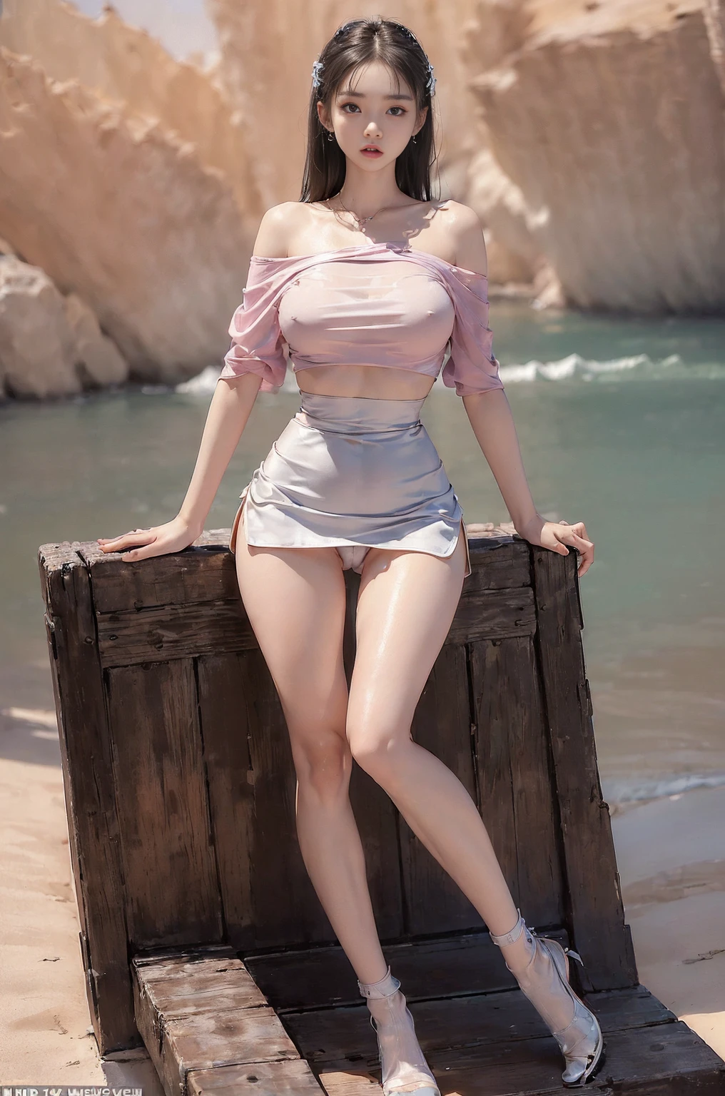 (masterpiece, best quality), pale skin, (), Island beach background, (Purely off-the-shoulder, Short transparent top, high waist skirt, tight mini skirt:1.3), (Skinny Thighs:1.9, Yao Liu, lose weight, long legs, thin legs:1.9), blonde hair, (huge , lift your hips, straight legs), Show belly button, (Wide thigh clearance:1.6, wide gap between thighs:1.6), whole body forward, Nipple protrusion, pink breast bulge, Camel toe bump, (Facing Teenage Barbara Palvin)
