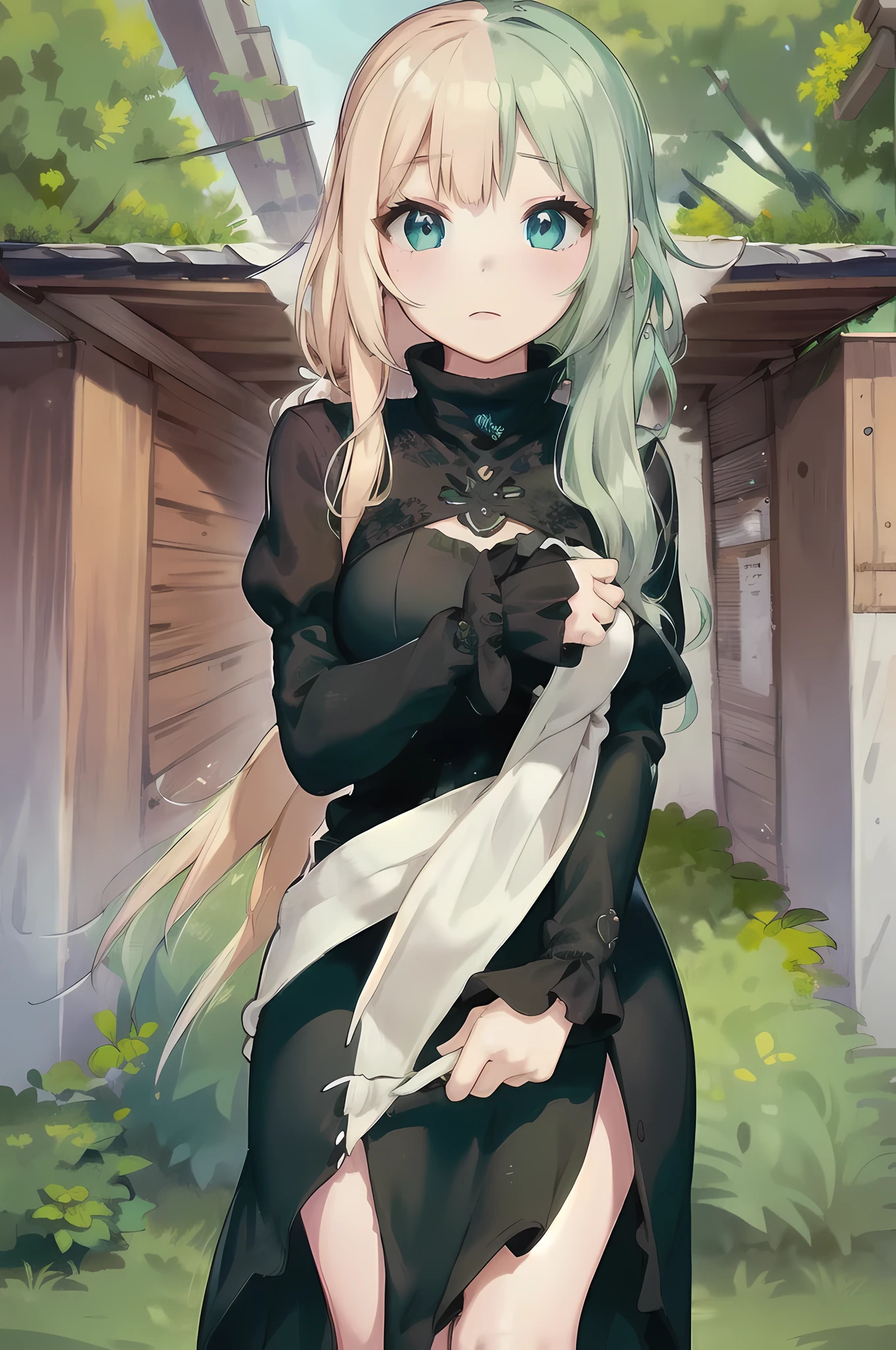 {best quality}, {{masterpiece}}, (hlfcol haired girl with pastel green and light blonde hair), 1girl, solo, ((noodle hair)), ((wavy ponytail)), ((waist length hair)), hair between eyes, beautiful detailed eyes, mint blue eyes, {{{{{crossed legs}}}}}, {{{{{{{{standing}}}}}}}}, {{{{{{{{plain white knitted loose sweater}}}}}}}}, {{{{{{{{{{{{{loose clothes}}}}}}}}}}}, {{{{{long sweater}}}}}, black legwear, beautiful detailed green jewel leather collar, final fantasy xiv, {{raining}}, {outdoors}, {transparent umbrella}