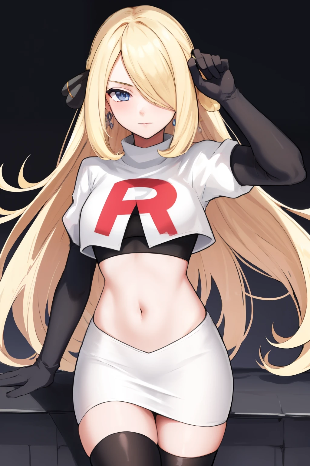 cynthia (pokemon), 1girl, solo ,blonde hair, blue eyes ,hair covering one eye, hair ornament ,earings ,team rocket uniform, red letter R, white skirt,white crop top,black thigh-highs, black elbow gloves, 