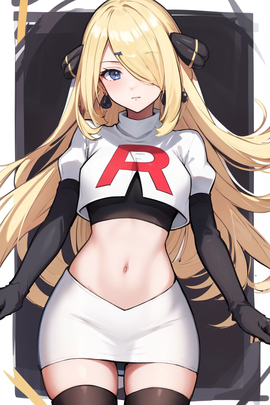 cynthia (pokemon), 1girl, solo ,blonde hair, blue eyes ,hair covering one eye, hair ornament ,earings ,team rocket uniform, red letter R, white skirt,white crop top,black thigh-highs, black elbow gloves, 