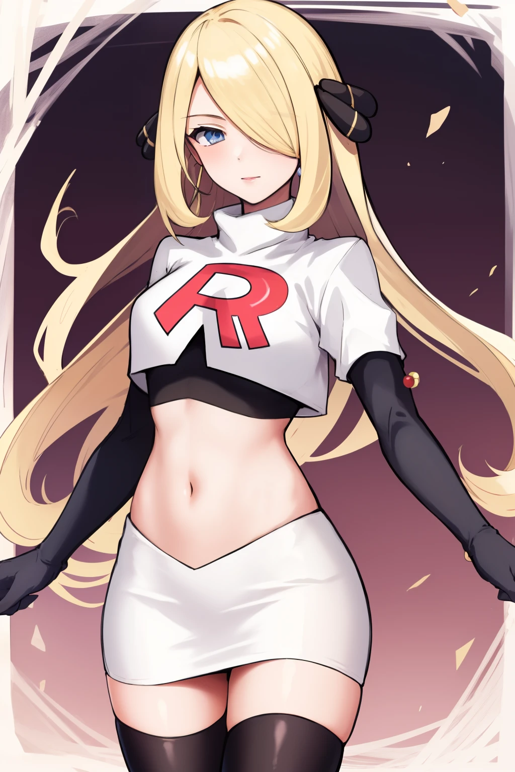 cynthia (pokemon), 1girl, solo ,blonde hair, blue eyes ,hair covering one eye, hair ornament ,earings ,team rocket uniform, red letter R, white skirt,white crop top,black thigh-highs, black elbow gloves, 