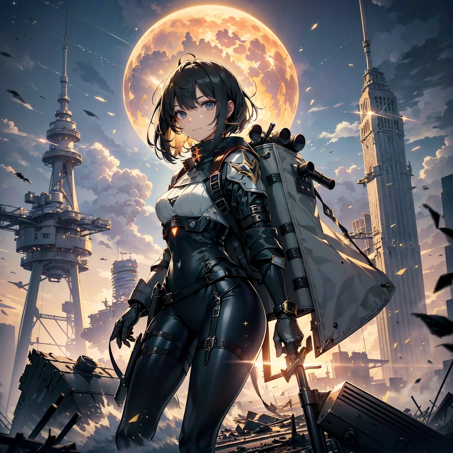 (highest quality,T Masterpiece,final solution,whole body):(24 year old female fighter,Slender、small face、Black Super Short Hair、Shiny black tight combat uniform,tight suit,dynamic angle、dynamic action、(dynamic pose:1.2)、normal posture,normal posture、Gentle smile、Backpack)、(Time Machine、Computer、skyscraper gun、weapons of the future、(Backpack:1.1)、Real World、Plankton rattle field、volumetric fog、gray fog、cigarette、 explosion、apocalyptic、destroyed city background、burning building:1.3、splash of water、starry ski、huge moon、Earth、destroyed giant robot、radio tower、airplane flying overhead、shooting star rocket truck、broken car、derailed train、tank、giant weapon、electronic equipment、Luminous mechanism)