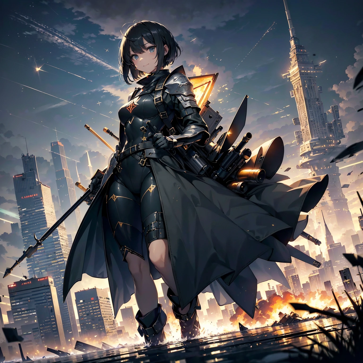(highest quality,T Masterpiece,final solution,whole body):(24 year old female fighter,Slender、small face、Black Super Short Hair、Shiny black tight combat uniform,tight suit,dynamic angle、dynamic action、(dynamic pose:1.2)、normal posture,normal posture、Gentle smile、Backpack)、(Time Machine、Computer、skyscraper gun、weapons of the future、(Backpack:1.1)、Real World、Plankton rattle field、volumetric fog、gray fog、cigarette、 explosion、apocalyptic、destroyed city background、burning building:1.3、splash of water、starry ski、huge moon、Earth、destroyed giant robot、radio tower、airplane flying overhead、shooting star rocket truck、broken car、derailed train、tank、giant weapon、electronic equipment、Luminous mechanism)