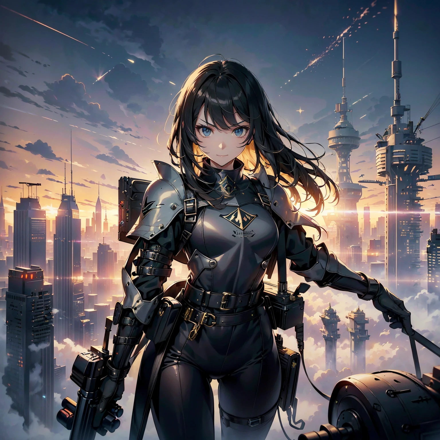 (highest quality,T Masterpiece,final solution,whole body):(24 year old female fighter,Slender、small face、Black Super Short Hair、Shiny black tight combat uniform,tight suit,dynamic angle、dynamic action、(dynamic pose:1.2)、normal posture,normal posture、Gentle smile、Backpack)、(Time Machine、Computer、skyscraper gun、weapons of the future、(Backpack:1.1)、Real World、Plankton rattle field、volumetric fog、gray fog、cigarette、 explosion、apocalyptic、destroyed city background、burning building:1.3、splash of water、starry ski、huge moon、Earth、destroyed giant robot、radio tower、airplane flying overhead、shooting star rocket truck、broken car、derailed train、tank、giant weapon、electronic equipment、Luminous mechanism)