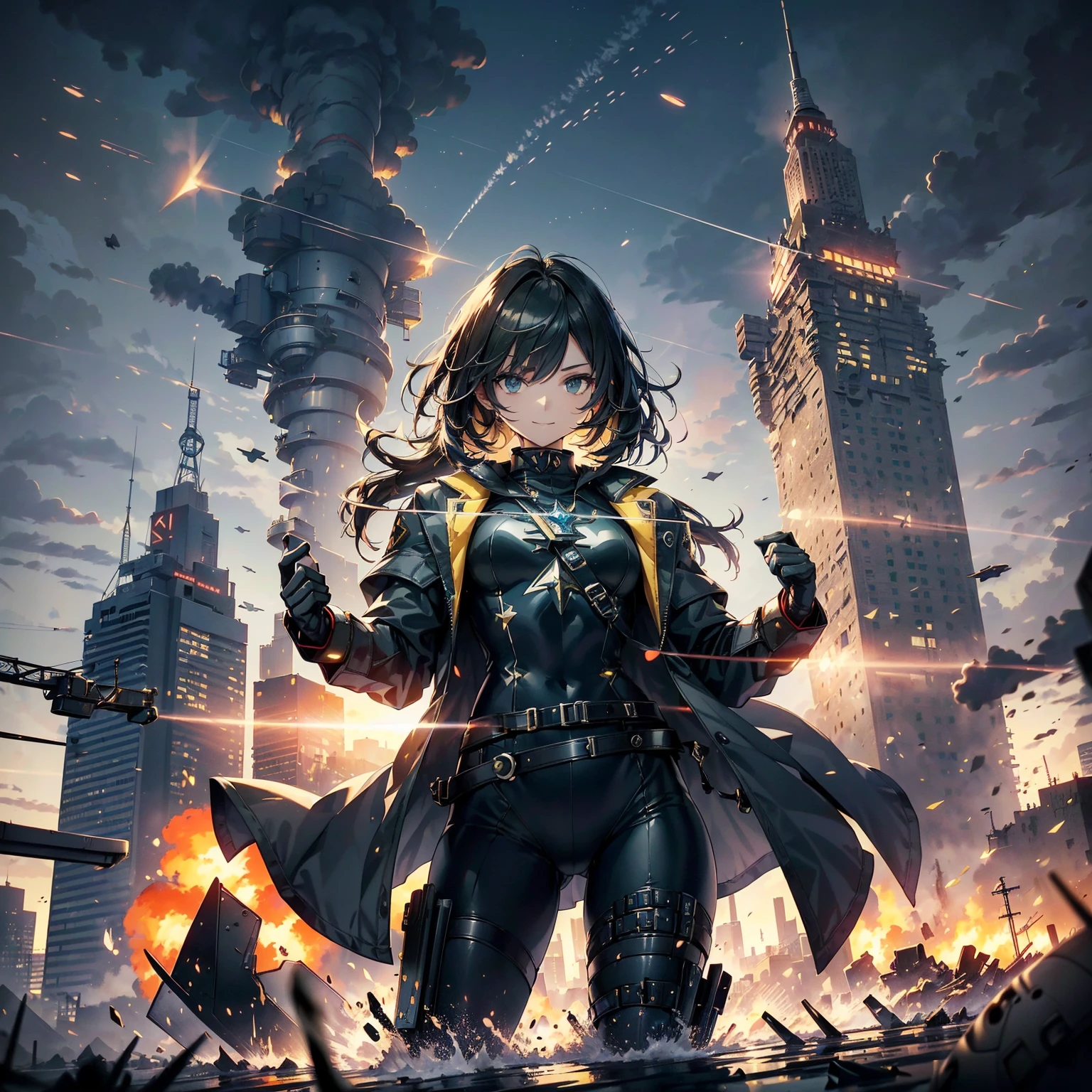 (highest quality,T Masterpiece,final solution,whole body):(24 year old female fighter,Slender、small face、Black Super Short Hair、Shiny black tight combat uniform,tight suit,dynamic angle、dynamic action、(dynamic pose:1.2)、normal posture,normal posture、Gentle smile、Backpack)、(Time Machine、Computer、skyscraper gun、weapons of the future、(Backpack:1.1)、Real World、Plankton rattle field、volumetric fog、gray fog、cigarette、 explosion、apocalyptic、destroyed city background、burning building:1.3、splash of water、starry ski、huge moon、Earth、destroyed giant robot、radio tower、airplane flying overhead、shooting star rocket truck、broken car、derailed train、tank、giant weapon、electronic equipment、Luminous mechanism)