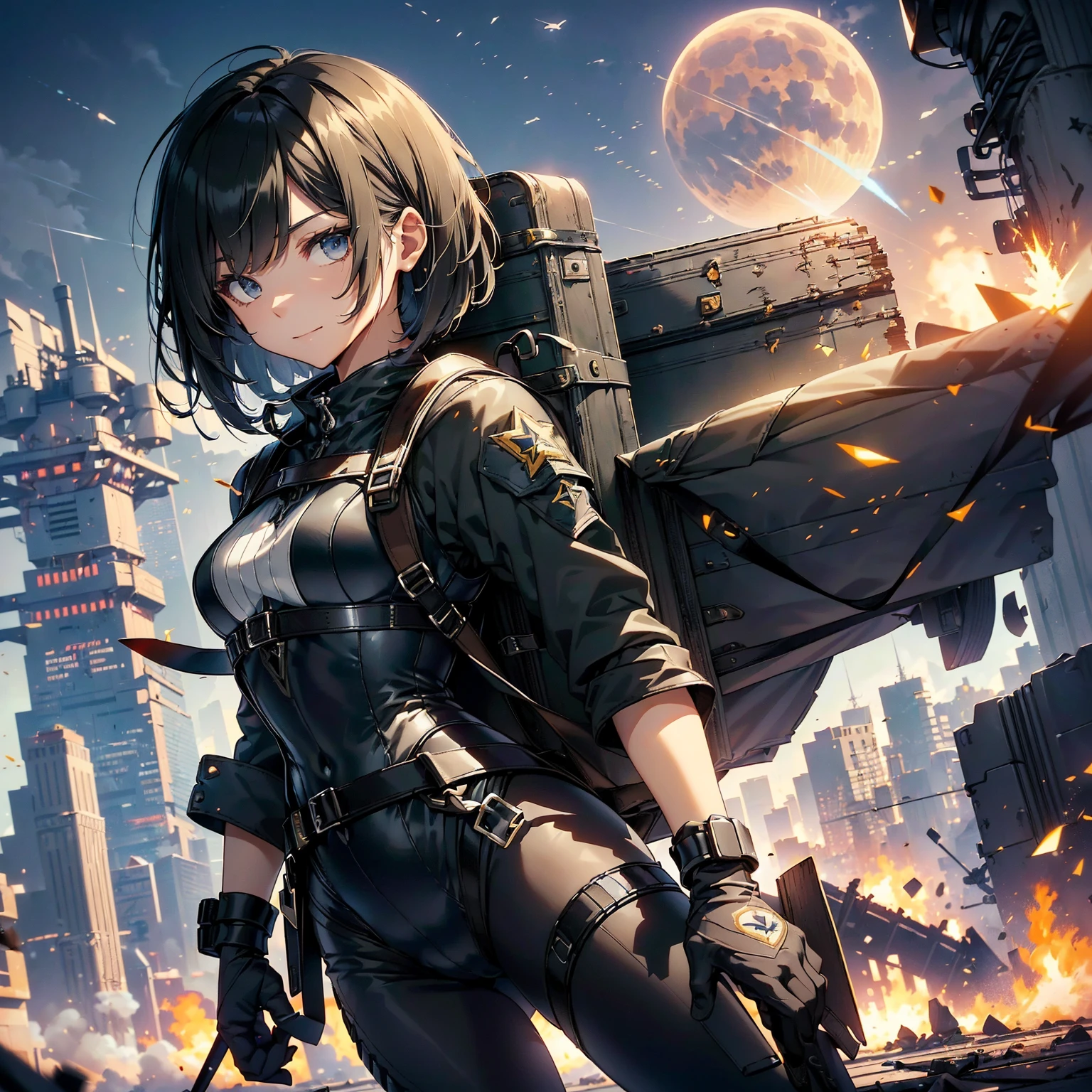(highest quality，T Masterpiece，final solution，whole body):(24 year old female fighter，Slender、small face、black super short bob cut hair、Shiny dark navy blue and black tight combat uniform，tight suit，dynamic angle、dynamic action、(dynamic pose:1.2)、normal posture，normal posture、Gentle smile、Backpack)、(Time Machine、Computer、skyscraper gun、weapons of the future、(Backpack:1.1)、Real World、Plankton rattle field、volumetric fog、gray fog、cigarette、 explosion、apocalyptic、destroyed city background、burning building:1.3、splash of water、starry ski、huge moon、Earth、destroyed giant robot、radio tower、airplane flying overhead、shooting star rocket truck、broken car、derailed train、tank、giant weapon、electronic equipment、Luminous mechanism)