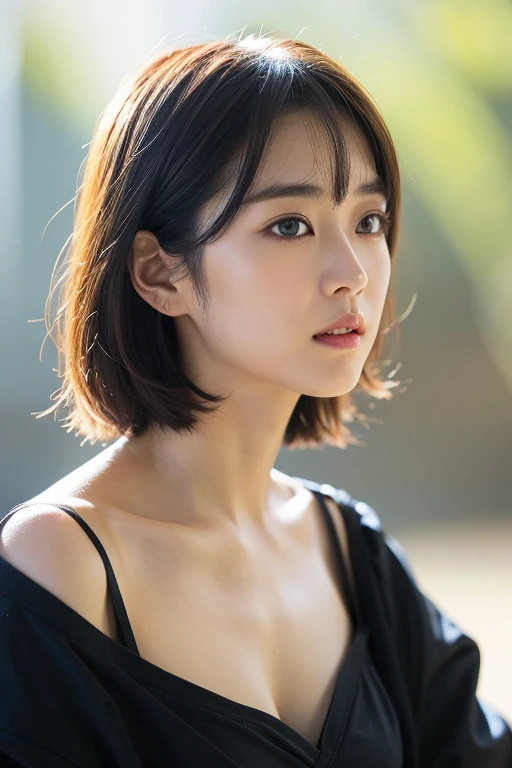 highest quality、可愛い日本人womanの写真、1 girl、profile、(extra detailed body、highly detailed face、highest quality:1.2)、woman、looking at the viewer、(Japanese kunoichi、ninja、Shuriken、Chest that can be exposed a little、plump breasts、Fancy Eye Makeup)dark brown short hair、double eyelid、realistic rays of light