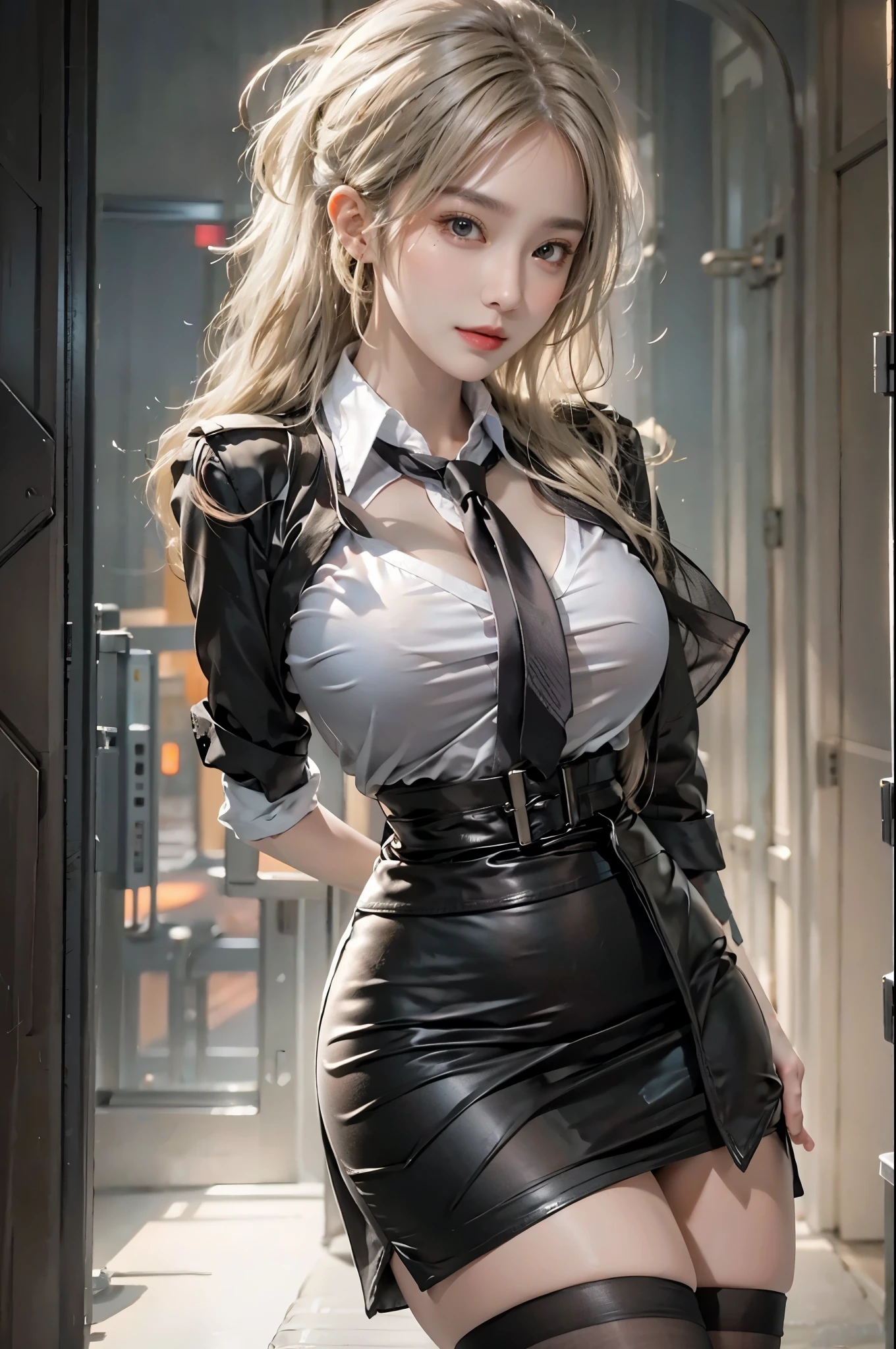 realistic, High resolution, soft light,1 female, alone, hip up, glowing skin, (detailed face),tattoo, jewelry, Secretarial Uniform, white shirt, black skirt, black stockings, garter belt, night, blonde hair, wavy hair, Beautiful Soldier, Eyes that invite the viewer, lover&#39;s perspective, an inviting look, sexy smile, perfect style, perfect balance, fine skin, naughty look, I can see your chest