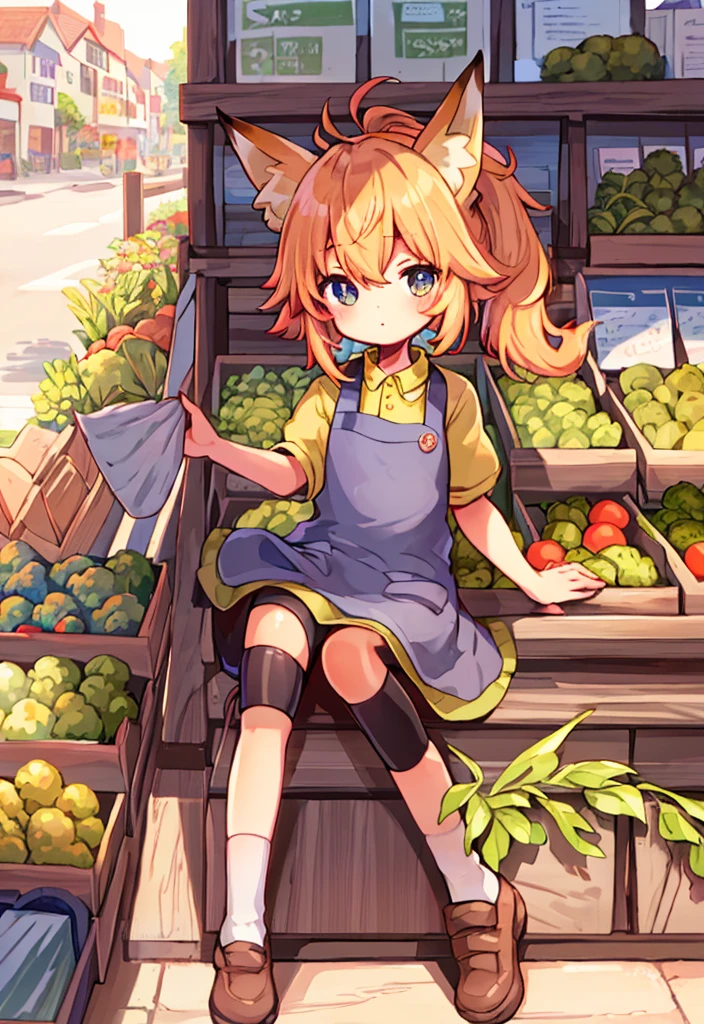 masterpiece, best quality,
((Vegetable shop)), alone, apron, (Serving), ((Fox girl)), (Foxtail), (fox ears), (((child))), ((bikes_shorts)), deep levels, soft light, Detailed face and eyes, low ponytail, ,