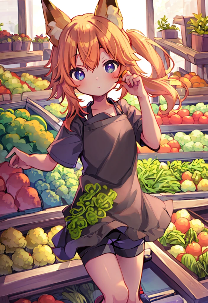 masterpiece, best quality,
((Vegetable shop)), alone, apron, (Serving), ((Fox girl)), (Foxtail), (fox ears), (((child))), ((bikes_shorts)), deep levels, soft light, Detailed face and eyes, low ponytail, ,