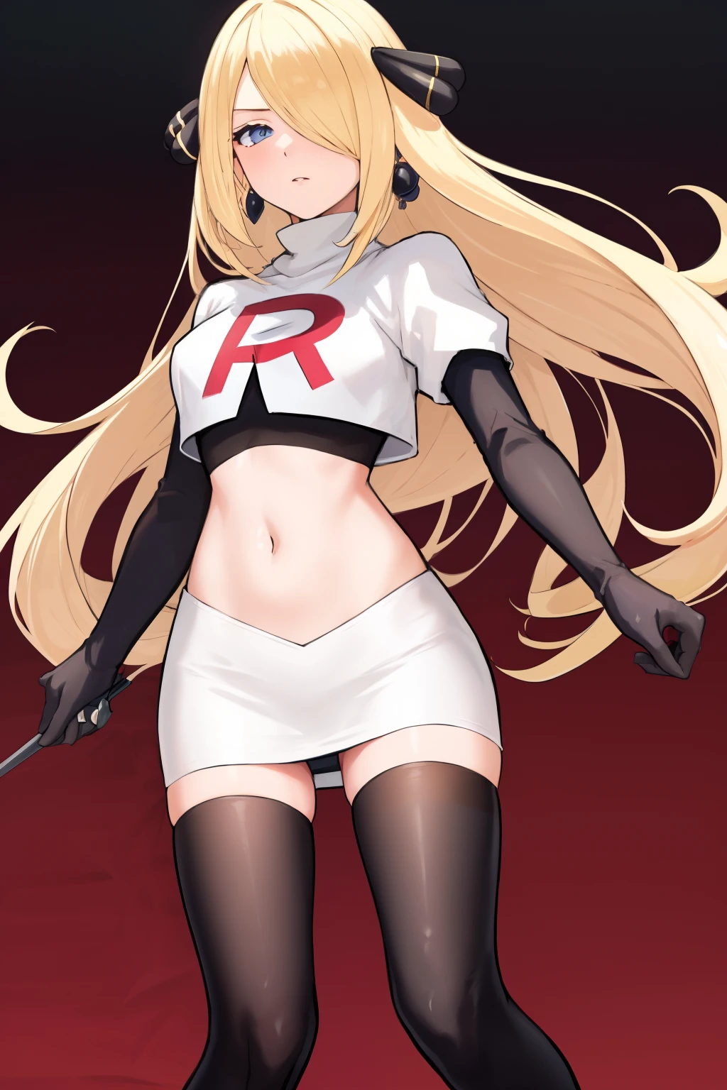 cynthia (pokemon), 1girl, solo ,blonde hair, blue eyes ,hair covering one eye, hair ornament ,earings ,team rocket uniform, red letter R, white skirt,white crop top,black thigh-highs, black elbow gloves, 