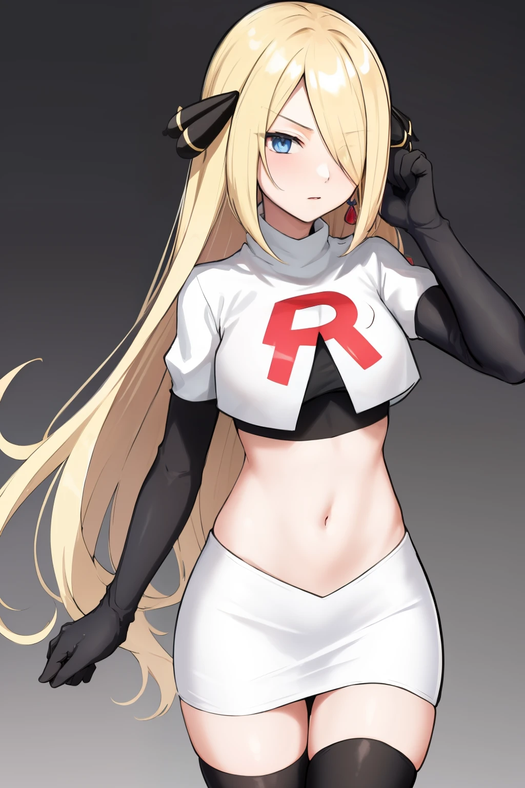 cynthia (pokemon), 1girl, solo ,blonde hair, blue eyes ,hair covering one eye, hair ornament ,earings ,team rocket uniform, red letter R, white skirt,white crop top,black thigh-highs, black elbow gloves, 