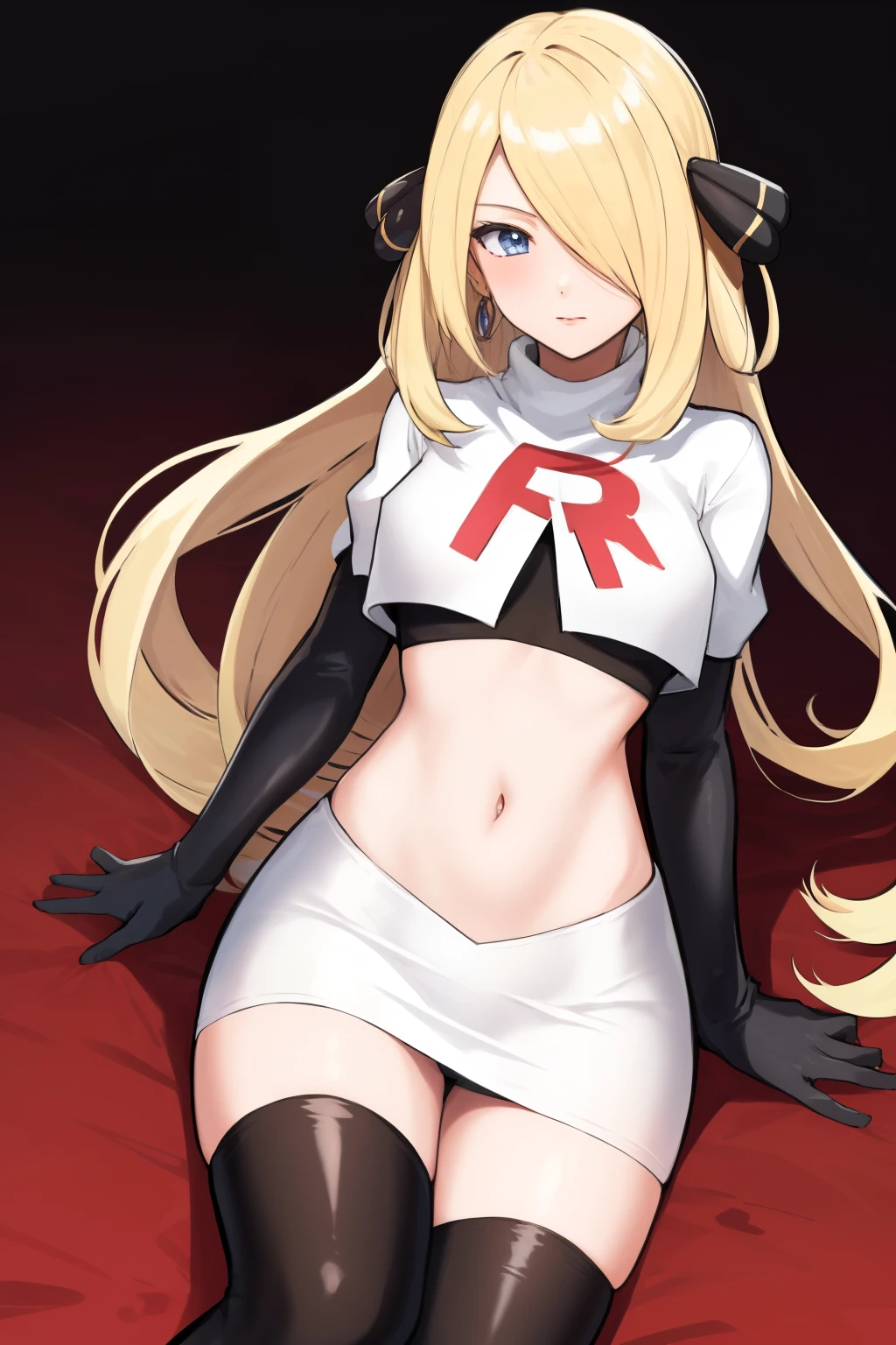 cynthia (pokemon), 1girl, solo ,blonde hair, blue eyes ,hair covering one eye, hair ornament ,earings ,team rocket uniform, red letter R, white skirt,white crop top,black thigh-highs, black elbow gloves, 