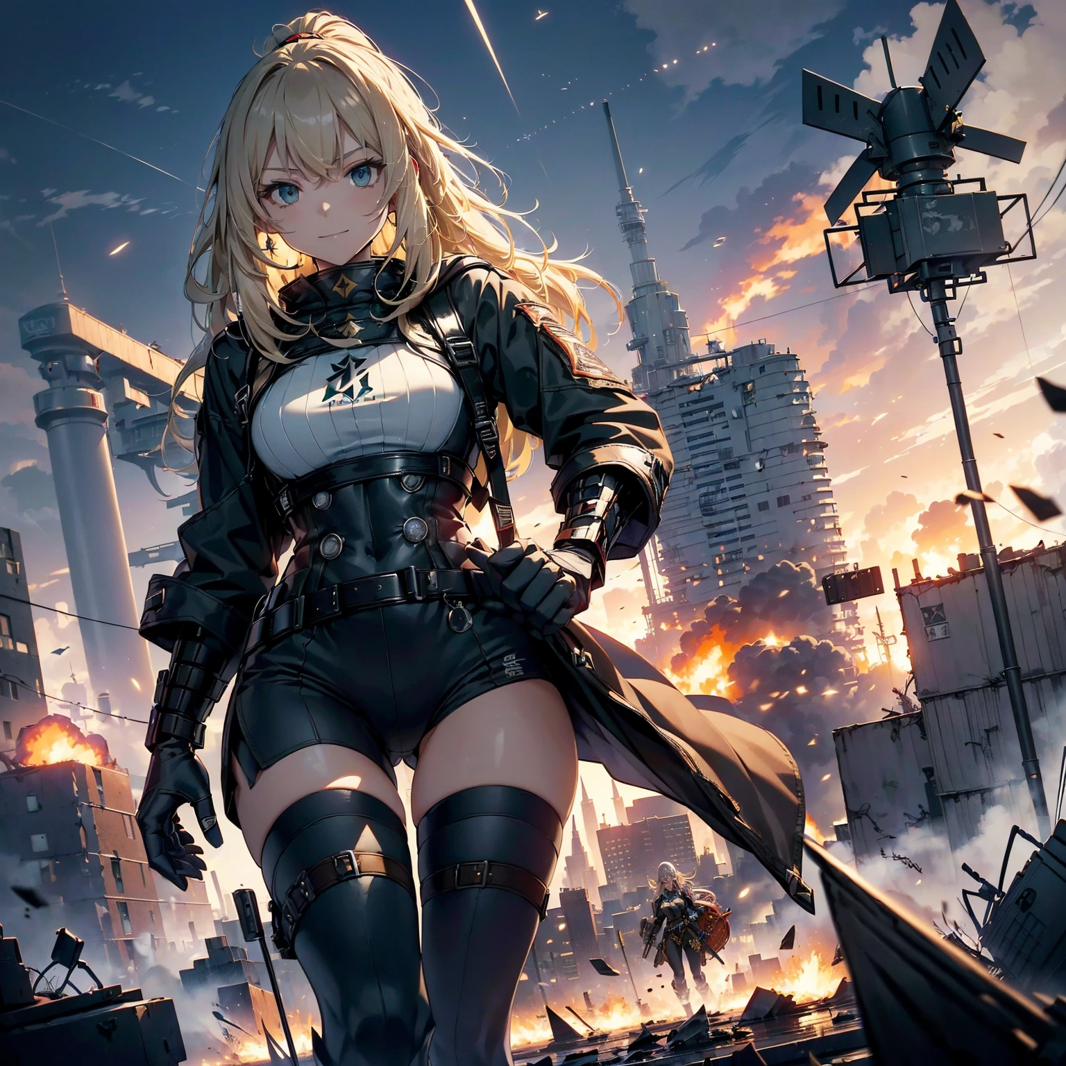 (highest quality,T Masterpiece,final solution,whole body):(23 year old female fighter,Slender、small face、high knot ponytail、Shiny black tight combat uniform,tight suit,dynamic angle、dynamic action、(dynamic pose:1.2)、normal posture,normal posture、Gentle smile、Backpack)、(Time Machine、Computer、skyscraper gun、weapons of the future、(Backpack:1.1)、Real World、Plankton rattle field、volumetric fog、gray fog、cigarette、 explosion、apocalyptic、destroyed city background、burning building:1.3、splash of water、starry ski、huge moon、Earth、destroyed giant robot、radio tower、airplane flying overhead、shooting star rocket truck、broken car、derailed train、tank、giant weapon、electronic equipment、Luminous mechanism)