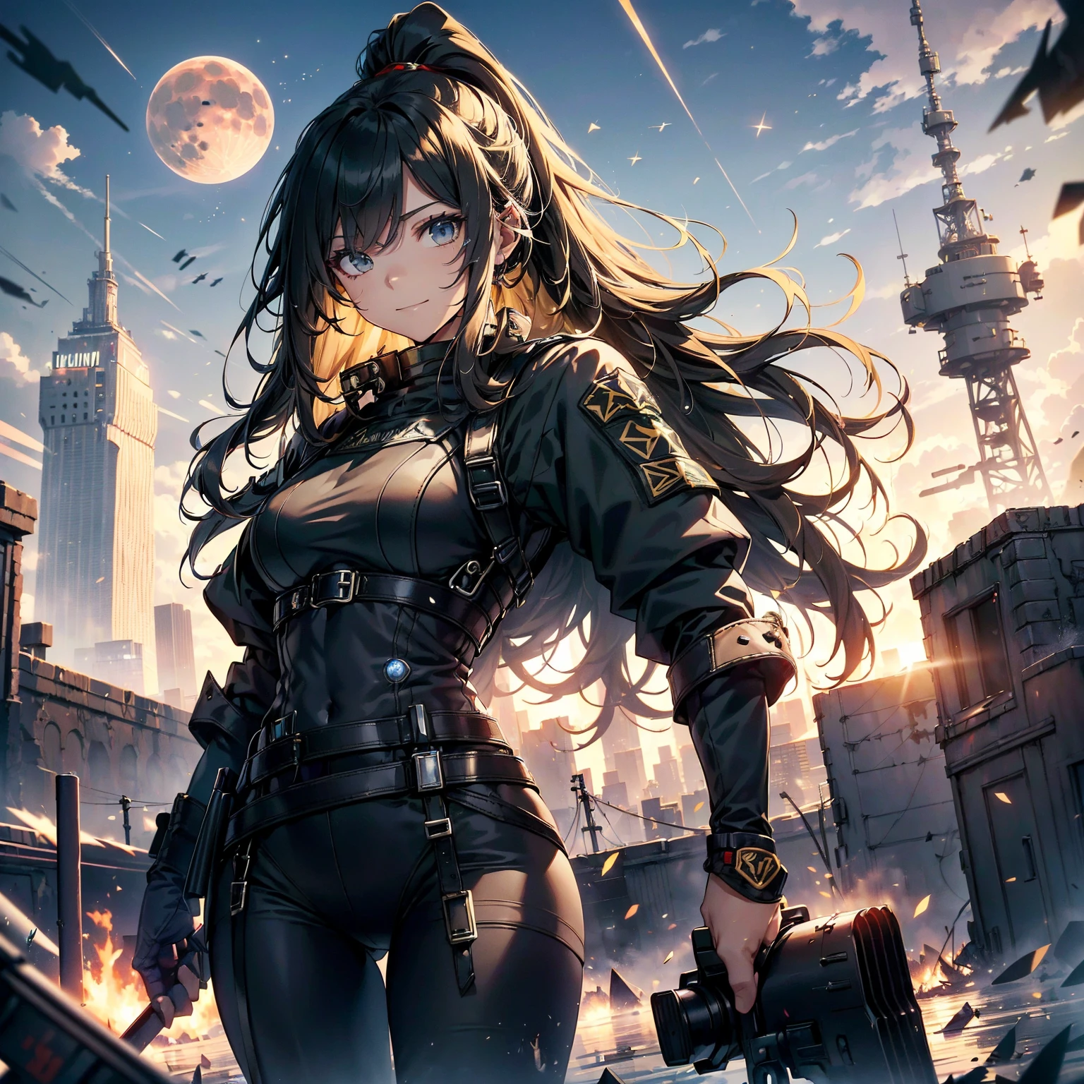 (highest quality,T Masterpiece,final solution,whole body):(23 year old female fighter,Slender、small face、high knot ponytail、Shiny black tight combat uniform,tight suit,dynamic angle、dynamic action、(dynamic pose:1.2)、normal posture,normal posture、Gentle smile、Backpack)、(Time Machine、Computer、skyscraper gun、weapons of the future、(Backpack:1.1)、Real World、Plankton rattle field、volumetric fog、gray fog、cigarette、 explosion、apocalyptic、destroyed city background、burning building:1.3、splash of water、starry ski、huge moon、Earth、destroyed giant robot、radio tower、airplane flying overhead、shooting star rocket truck、broken car、derailed train、tank、giant weapon、electronic equipment、Luminous mechanism)