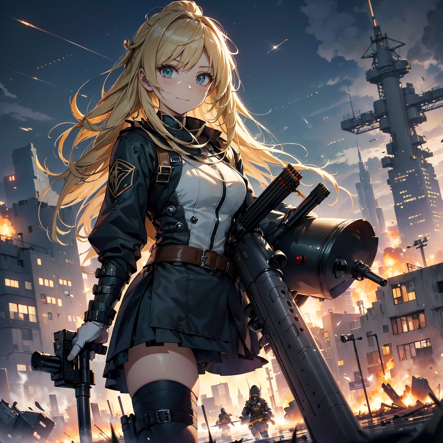 (highest quality，T Masterpiece，final solution，whole body):(23 year old female fighter，Slender、small face、high knot ponytail、Shiny black tight combat uniform，tight suit，dynamic angle、dynamic action、(dynamic pose:1.2)、normal posture，normal posture、Gentle smile、Backpack)、(Time Machine、Computer、skyscraper gun、weapons of the future、(Backpack:1.1)、Real World、Plankton rattle field、volumetric fog、gray fog、cigarette、 explosion、apocalyptic、destroyed city background、burning building:1.3、splash of water、starry ski、huge moon、Earth、destroyed giant robot、radio tower、airplane flying overhead、shooting star rocket truck、broken car、derailed train、tank、giant weapon、electronic equipment、Luminous mechanism)