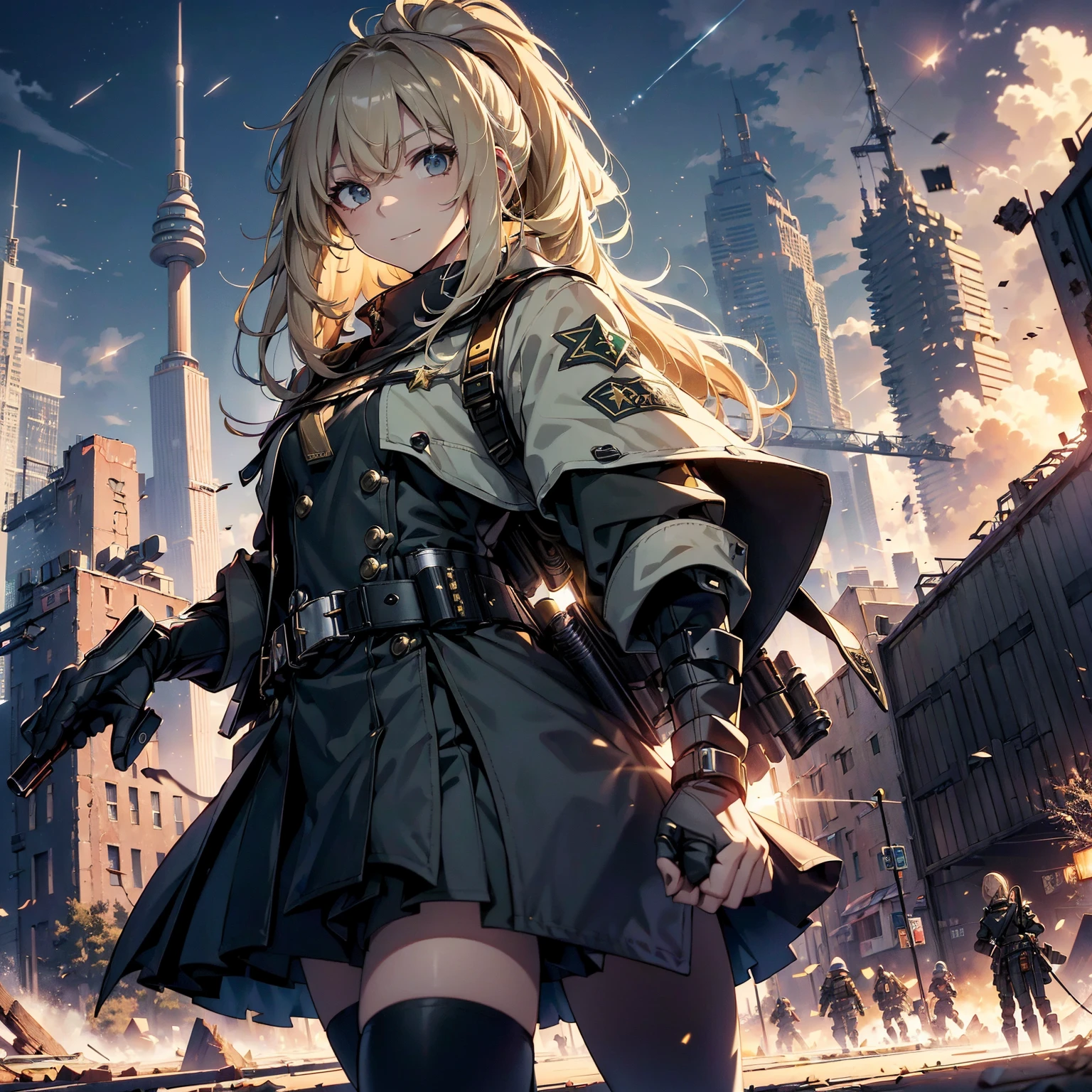 (highest quality,T Masterpiece,final solution,whole body):(23 year old female fighter,Slender、small face、high knot ponytail、Shiny black tight combat uniform,tight suit,dynamic angle、dynamic action、(dynamic pose:1.2)、normal posture,normal posture、Gentle smile、Backpack)、(Time Machine、Computer、skyscraper gun、weapons of the future、(Backpack:1.1)、Real World、Plankton rattle field、volumetric fog、gray fog、cigarette、 explosion、apocalyptic、destroyed city background、burning building:1.3、splash of water、starry ski、huge moon、Earth、destroyed giant robot、radio tower、airplane flying overhead、shooting star rocket truck、broken car、derailed train、tank、giant weapon、electronic equipment、Luminous mechanism)