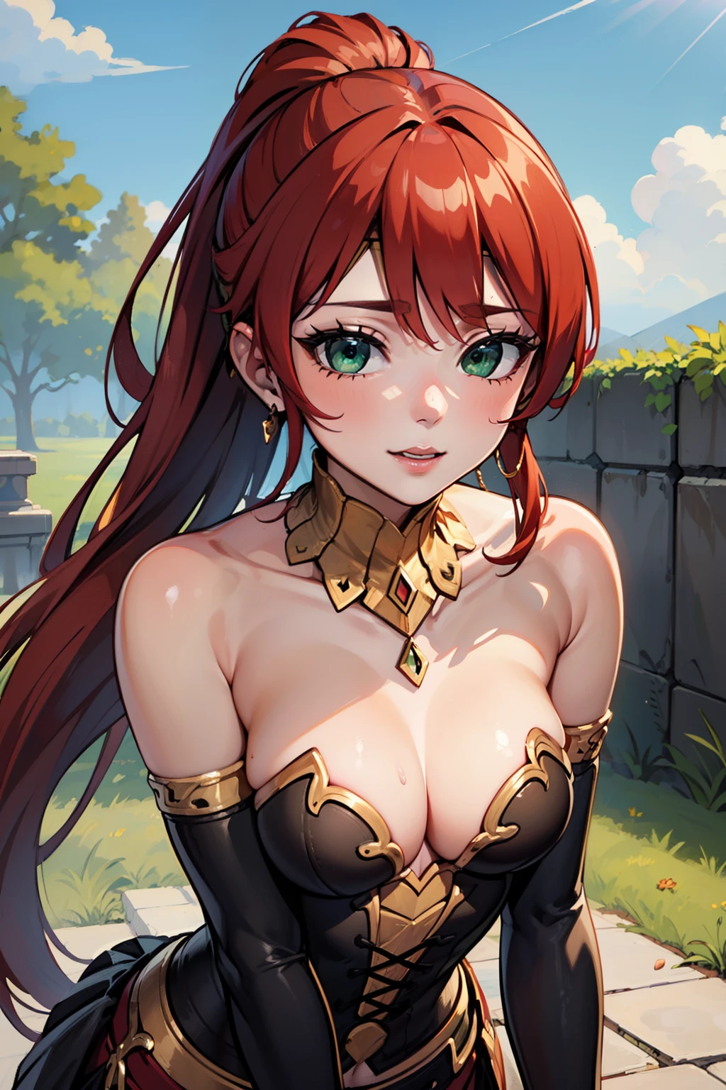 (masterpiece, best quality, ultra-detailed), PyrrhaNikos, green eyes, red hair, ponytail, long hair, sidelocks, gold jewels, armor, brown corset, skirt, headband, collar, (black arm band:1.2), medium breasts, all fours, (portrait shot, upper body), looking at viewer, seductive smile, outdoors