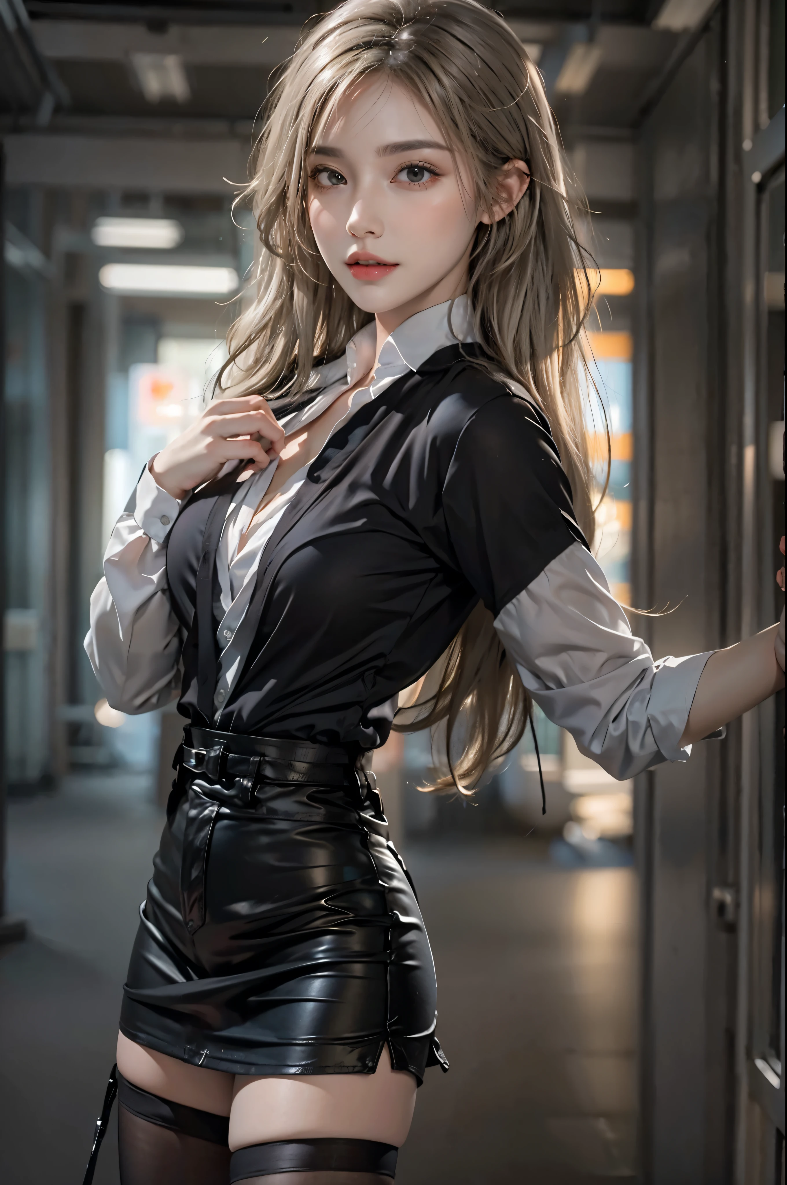 realistic, High resolution, soft light,1 female, alone, hip up, glowing skin, (detailed face),tattoo, jewelry, secretary clothes, white shirt, black skirt, black stockings, garter belt, night, blonde hair, wavy hair, Beautiful Soldier, Eyes that invite the viewer, spouse'point of view, attractive appearance, sexy smile, perfect style, perfect balance, fine skin, naughty look, I can see your breasts