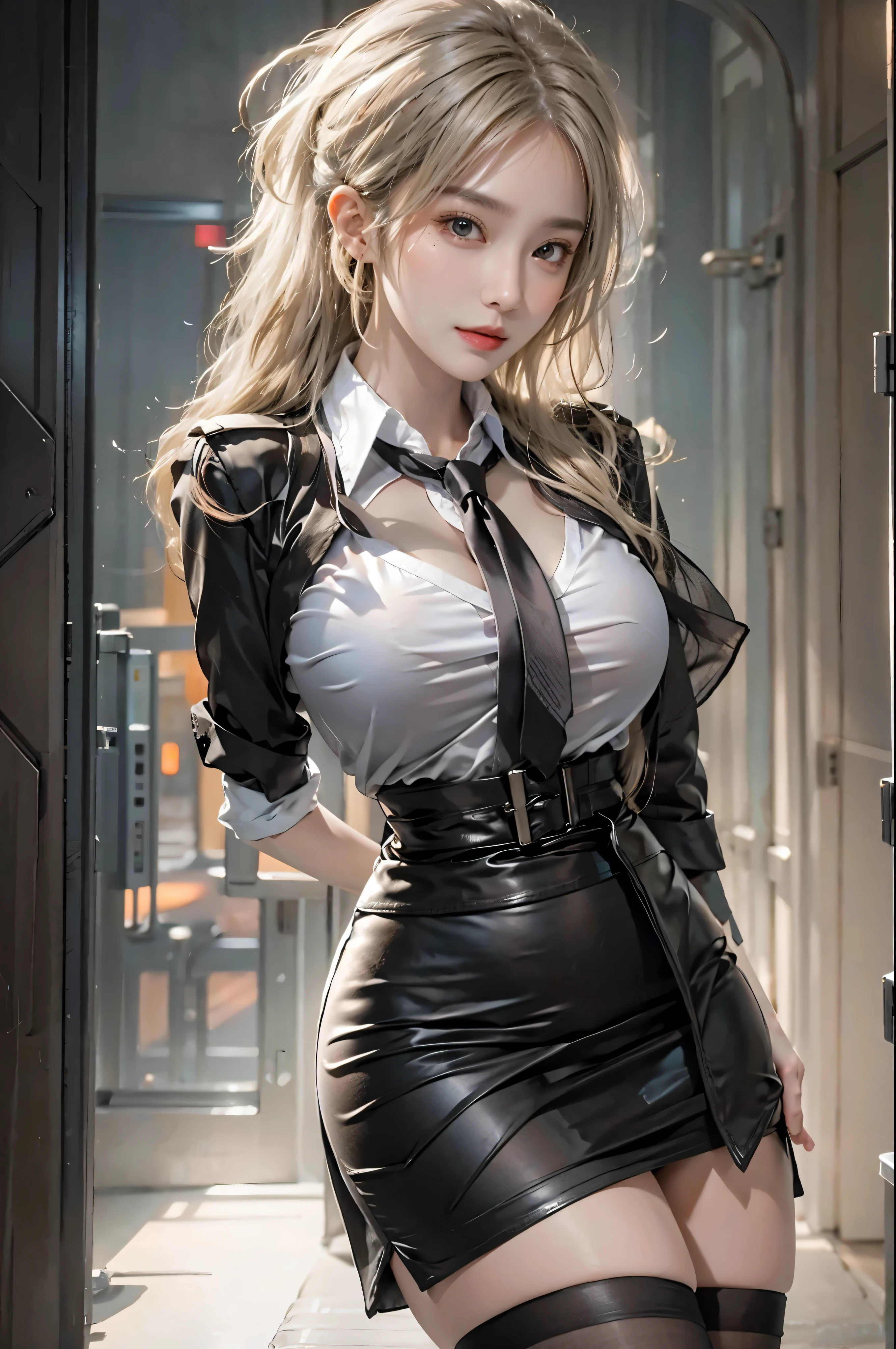 realistic, High resolution, soft light,1 female, alone, hip up, glowing skin, (detailed face),tattoo, jewelry, secretary clothes, white shirt, black skirt, black stockings, garter belt, night, blonde hair, wavy hair, Beautiful Soldier, Eyes that invite the viewer, spouse&#39;point of view, attractive appearance, sexy smile, perfect style, perfect balance, fine skin, naughty look, I can see your breasts