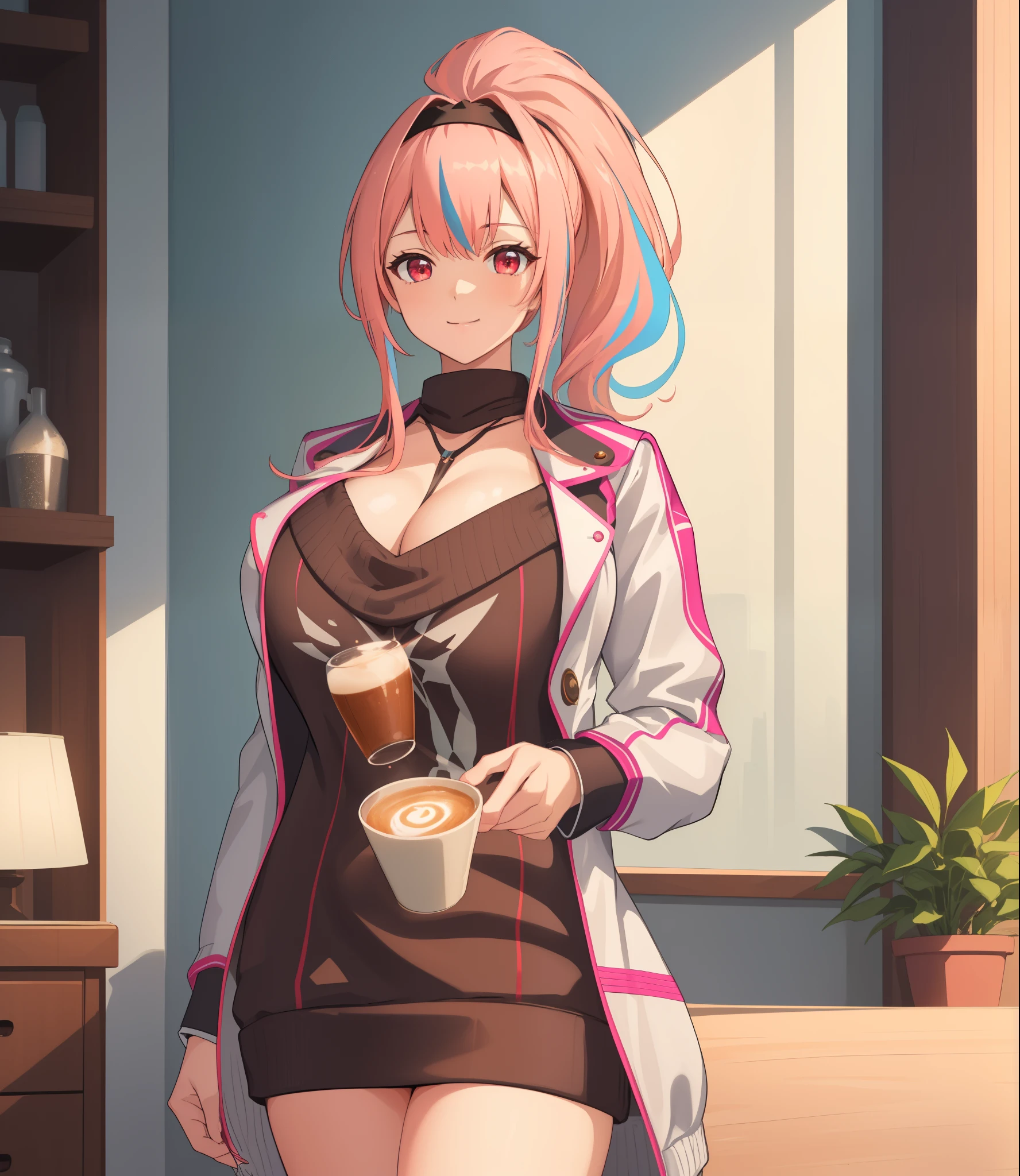 (extremely detailed CG unity 8k wallpaper), (((masterpiece))), (((best quality))), ((ultra-detailed)), (((illustration))), (best shadow), ((an extremely delicate and beautiful)), (detailed light), (well designed face), amazing face, (super detailed), cinematic shot, beautiful detailed eyes, detailed background, 1girl, solo, ((pink hair)), ((multicolored hair)), ((red eyes)), ((short ponytail)), (headband), ((halterneck)), huge breasts, firts rate breasts, first rate female bodies, sleveless sweater, ((open chest sweater)), white jacket, open jacket, upper body, inside a cafe, interior design, bewitching thighs, smile, cowboy shot,