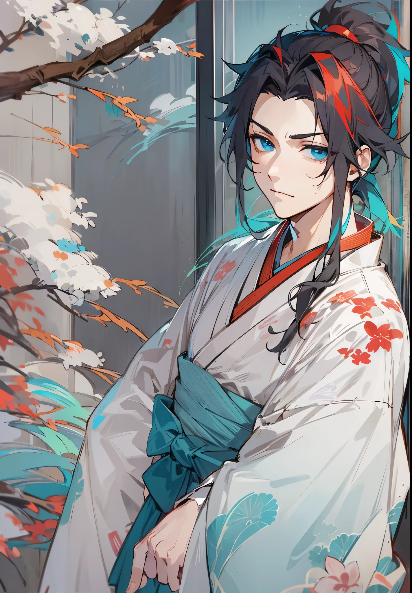 1male, Adult, Black Hair, Red hair Highlights, Ponytail, cyan and white kimono, straight face, blue eyes