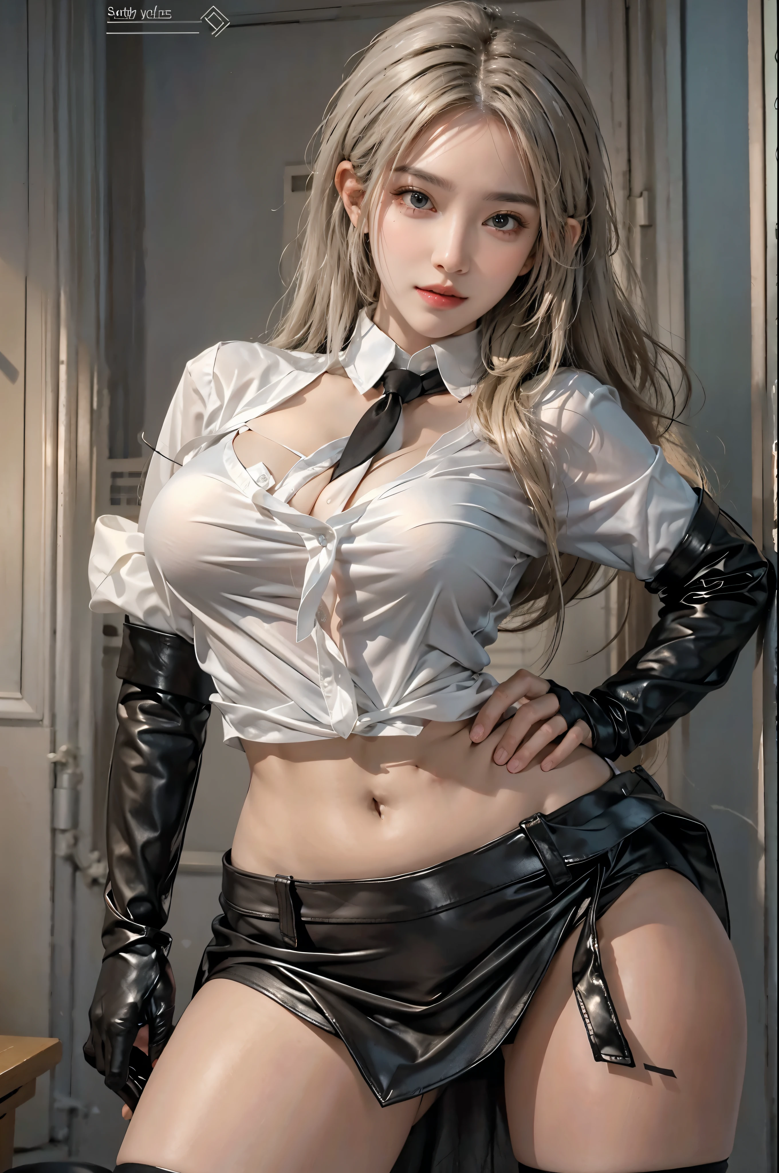 realistic, High resolution, soft light,1 female, alone, hip up, glowing skin, (detailed face),tattoo, jewelry, secretary clothes, white shirt, black skirt, black stockings, garter belt, night, blonde hair, wavy hair, Beautiful Soldier, Eyes that invite the viewer, spouse'point of view, attractive appearance, sexy smile, perfect style, perfect balance, fine skin, naughty look, I can see your breasts