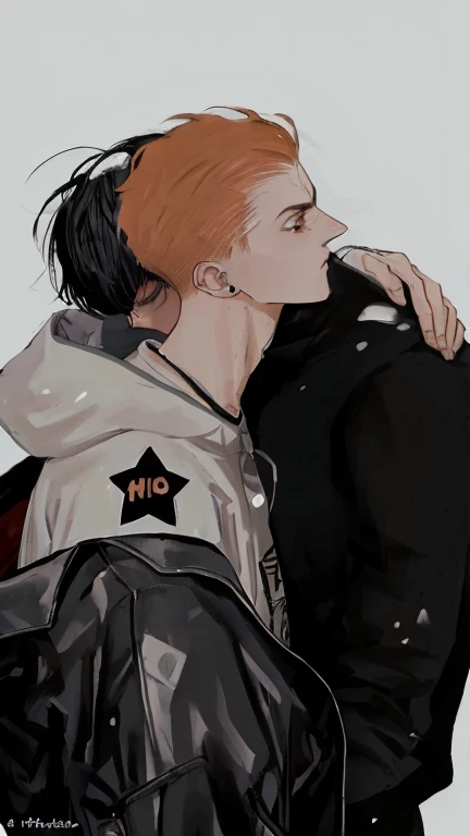Chico anime con pelo rojo y una chaqueta negra abrazando a su amigo., Yaoi, tumblr, fanart de alta calidad, Punk rock con Mohawks, arte masculino, por Kentaro Miura, accurate representation, por Ei-Q, fanart exquisito muy detallado, arte punk, por Shinoda Shop, 📷 ausencia y rumpleteazer, arte digital, realista