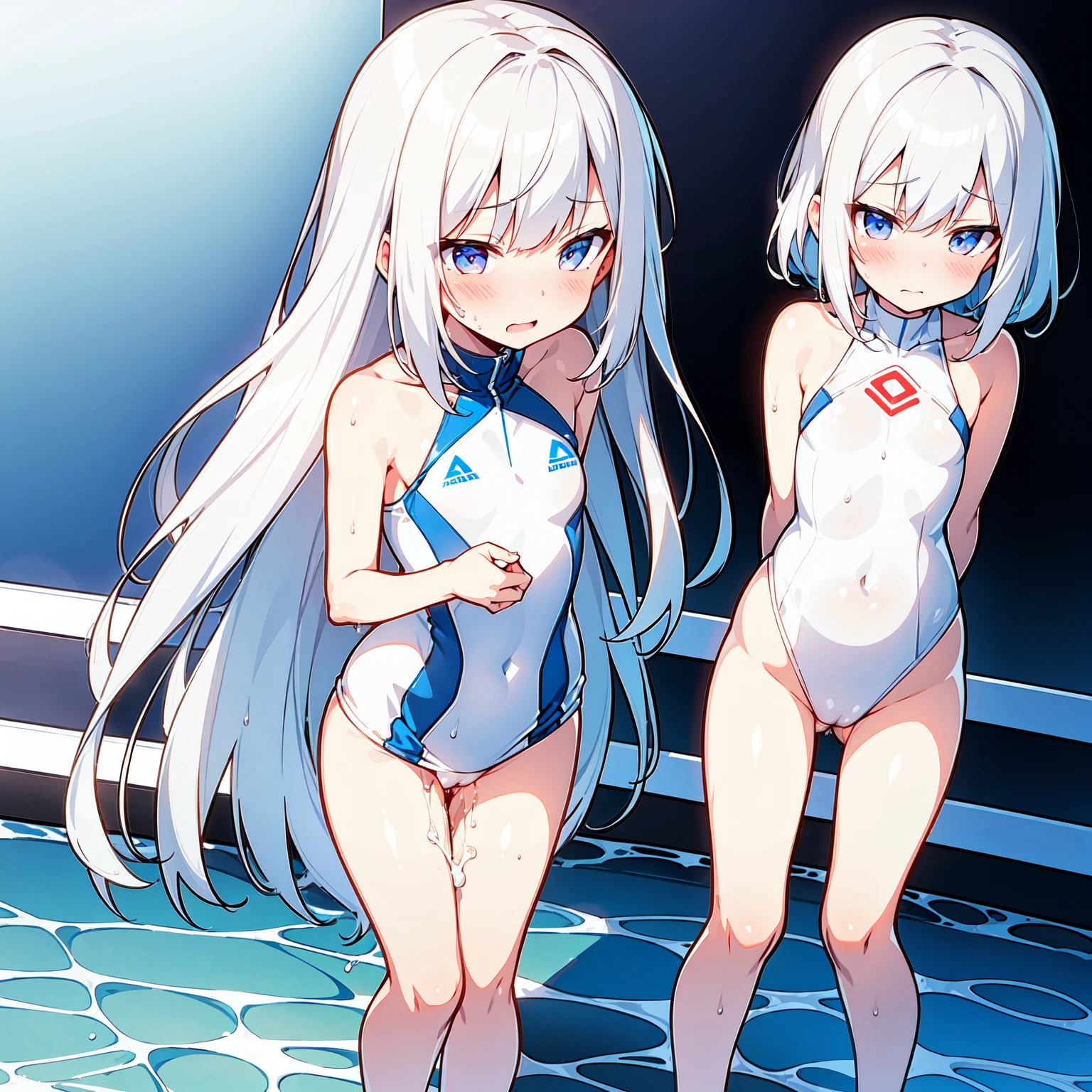 white hair,White competitive swimsuit,Loli,loli,small breasts,No breasts,slender,cute,It's exposed,cover your chest with your hands,lotion,Wet,love,embarrassed,love juice,Pussy,Pussyから液体,highest quality,Single unit
