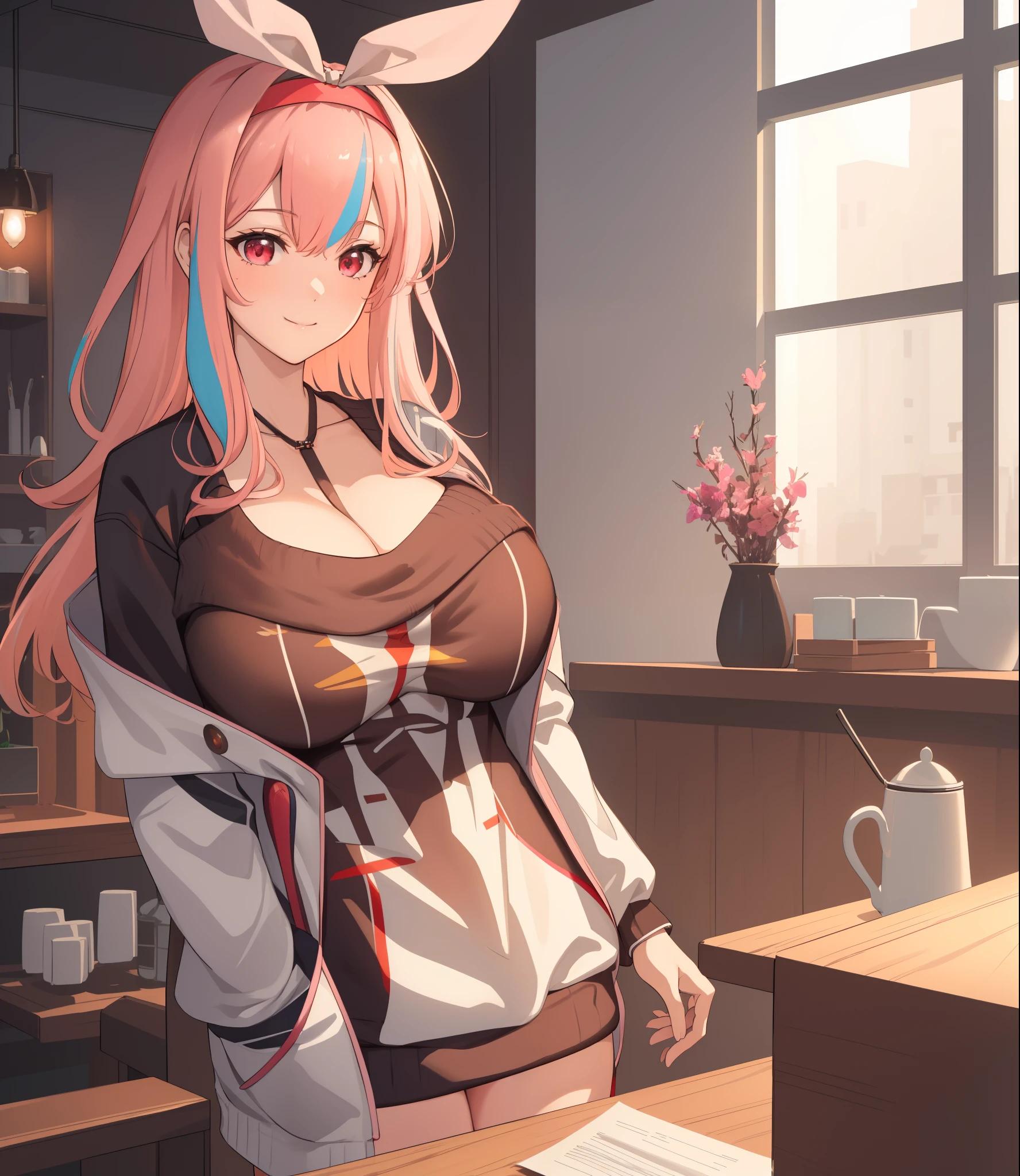 (extremely detailed CG unity 8k wallpaper), (((masterpiece))), (((best quality))), ((ultra-detailed)), (((illustration))), (best shadow), ((an extremely delicate and beautiful)), (detailed light), (well designed face), amazing face, (super detailed), cinematic shot, beautiful detailed eyes, detailed background, 1girl, solo, ((pink hair)), ((multicolored hair)), ((red eyes)), ((short ponytail)), (black headband), ((halterneck)), huge breasts, firts rate breasts, first rate female bodies, (sleveless sweater), ((open chest sweater)), white jacket, open jacket, inside a cafe, interior design, bewitching thighs, ((:3 mouth)), :3,