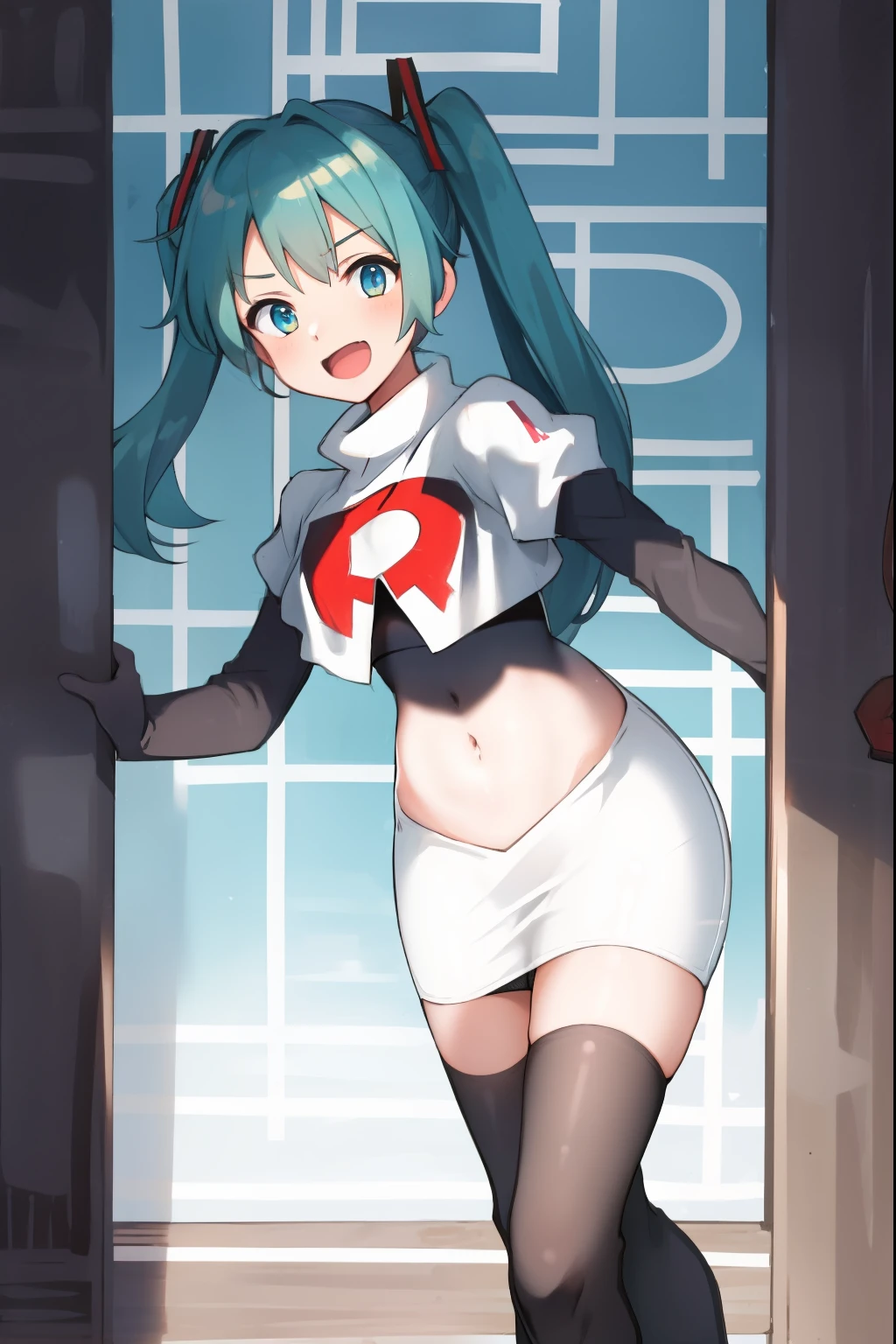 absurdres,masterpiece, best quality, highres, high quality, 1girl, Hatsume miku,team rocket,team rocket uniform,white skirt,red letter R,crop top,black thigh-highs,black elbow gloves,