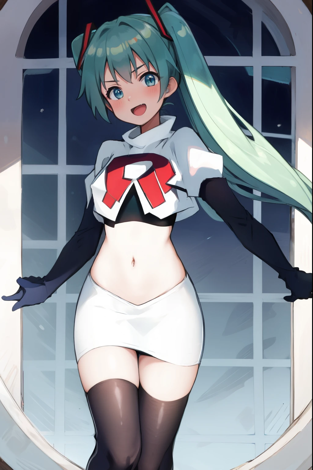 absurdres,masterpiece, best quality, highres, high quality, 1girl, Hatsume miku,team rocket,team rocket uniform,white skirt,red letter R,crop top,black thigh-highs,black elbow gloves,