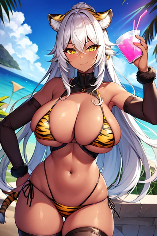 1girl, large breasts, wide hips, dark-skinned female, dark skin, white hair, yellow eyes, tiger print, tiger ears, highleg, highleg bikini, micro bikini, tiger tail, smile, smirk, smug, bar, thighhighs, standing, neon, neon trim, futuristic, science-fiction