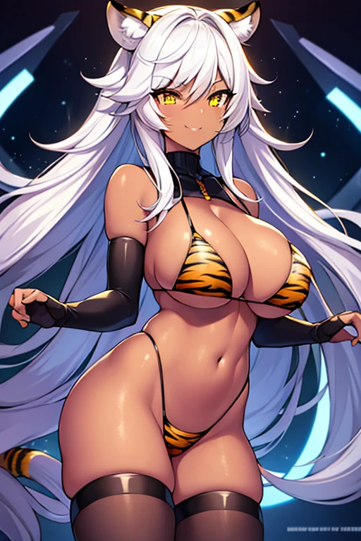 1girl, large breasts, wide hips, dark-skinned female, dark skin, white hair, yellow eyes, tiger print, tiger ears, highleg, highleg bikini, micro bikini, tiger tail, smile, smirk, smug, bar, thighhighs, standing, neon, neon trim, futuristic, science-fiction