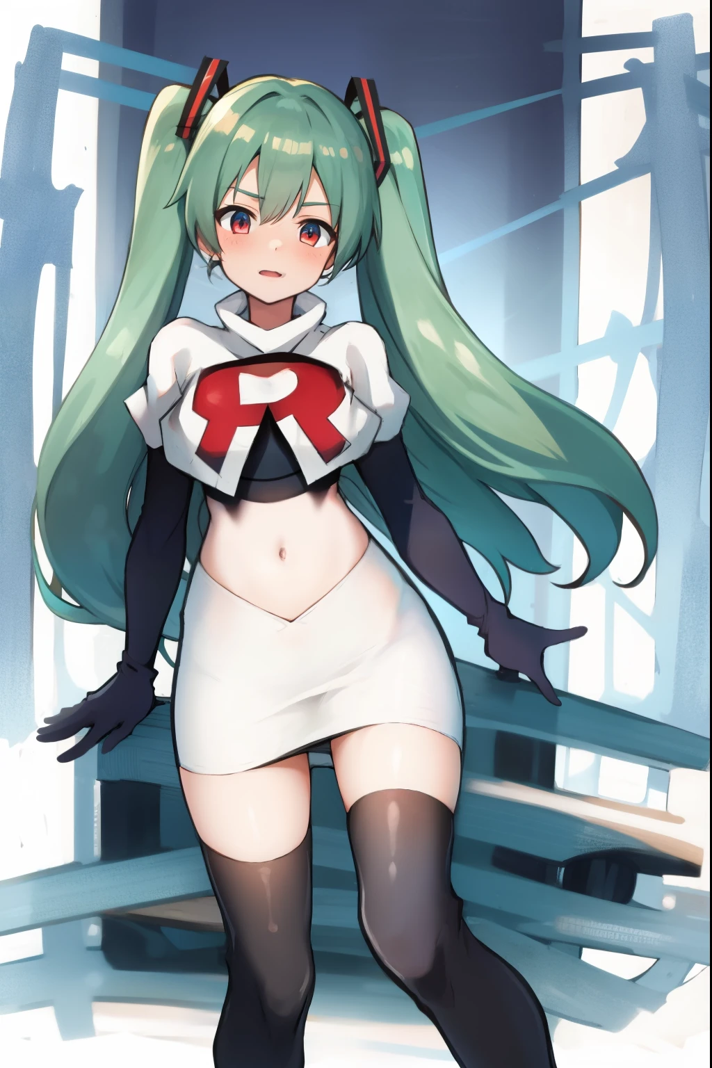 absurdres,masterpiece, best quality, highres, high quality, 1girl, Hatsume miku,team rocket,team rocket uniform,white skirt,red letter R,crop top,black thigh-highs,black elbow gloves,
